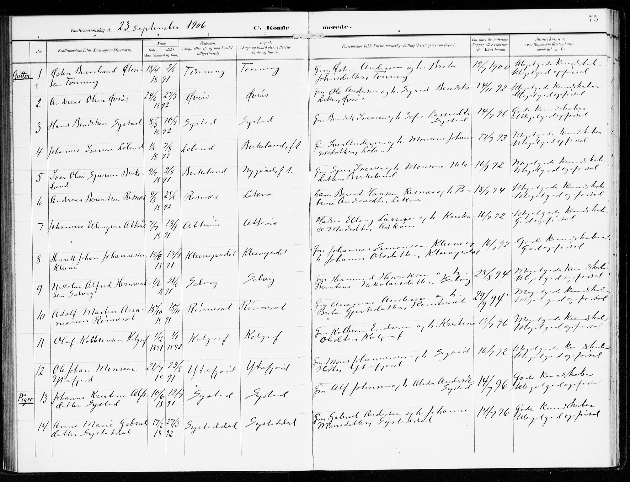 Hyllestad sokneprestembete, SAB/A-80401: Parish register (official) no. B 2, 1903-1917, p. 75