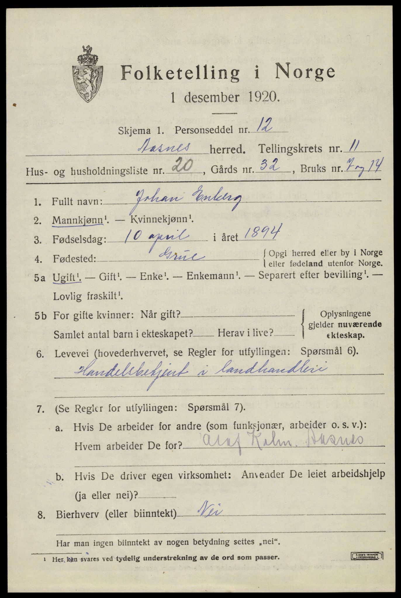 SAH, 1920 census for Åsnes, 1920, p. 11744