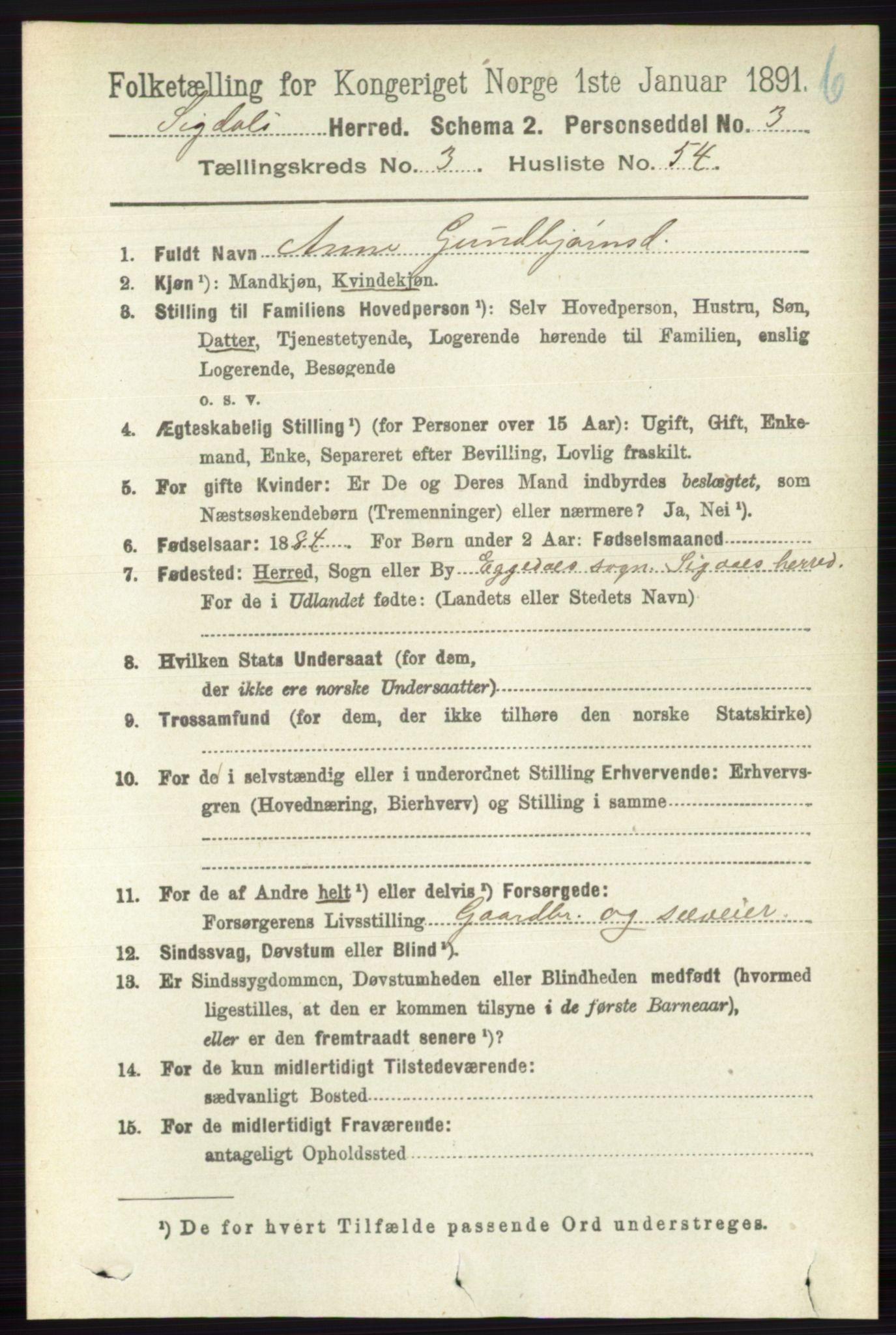 RA, 1891 census for 0621 Sigdal, 1891, p. 4603