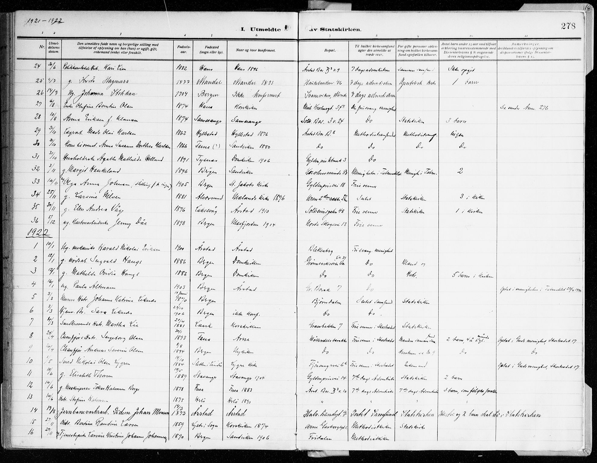 Årstad Sokneprestembete, AV/SAB-A-79301/H/Haa/L0003: Parish register (official) no. A 3, 1914-1919, p. 278