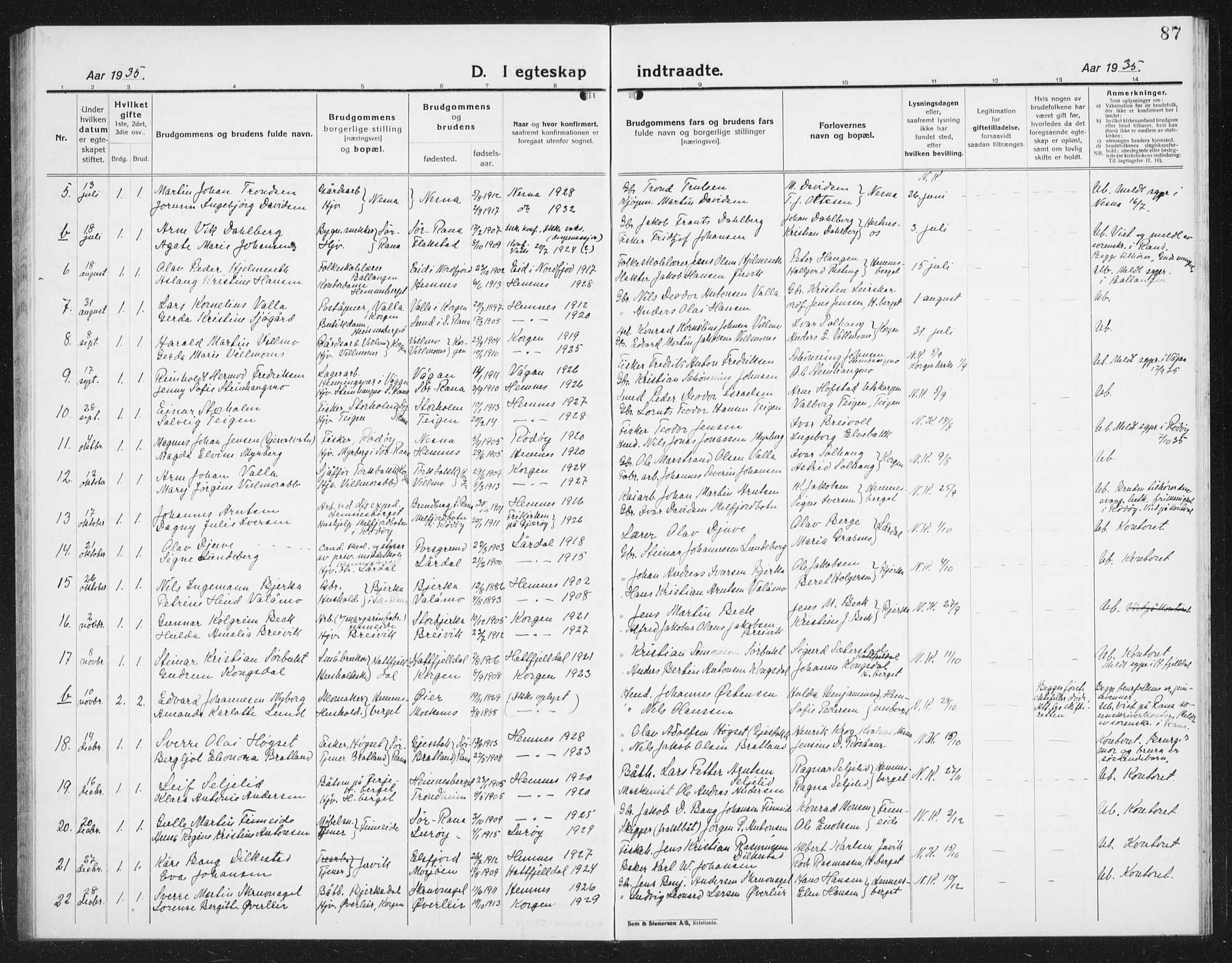 Ministerialprotokoller, klokkerbøker og fødselsregistre - Nordland, AV/SAT-A-1459/825/L0372: Parish register (copy) no. 825C09, 1923-1940, p. 87