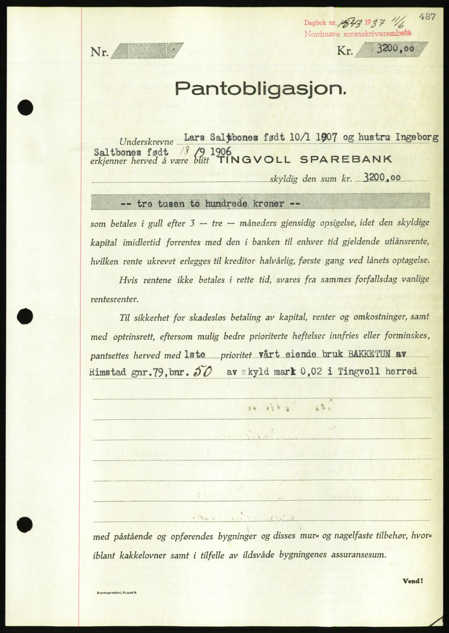 Nordmøre sorenskriveri, AV/SAT-A-4132/1/2/2Ca/L0091: Mortgage book no. B81, 1937-1937, Diary no: : 1543/1937