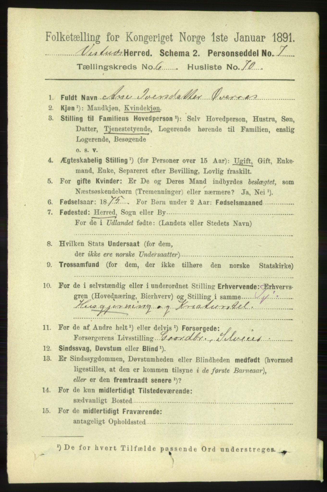 RA, 1891 census for 1535 Vestnes, 1891, p. 2614