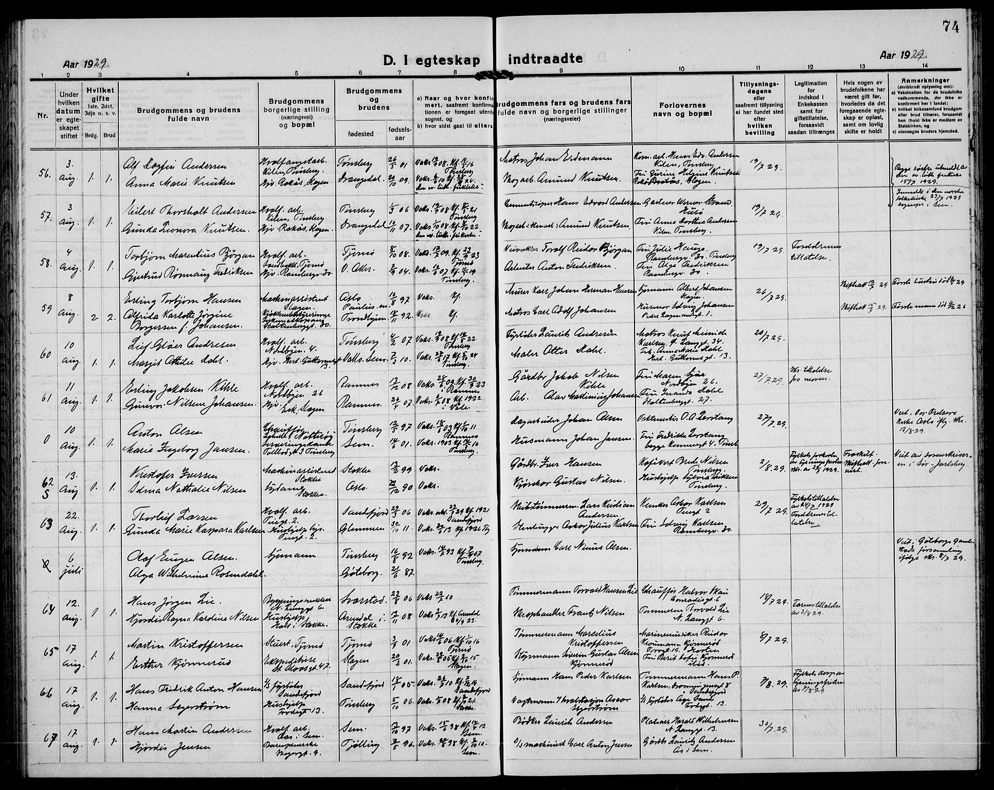 Tønsberg kirkebøker, AV/SAKO-A-330/G/Ga/L0016: Parish register (copy) no. 16, 1920-1933, p. 74