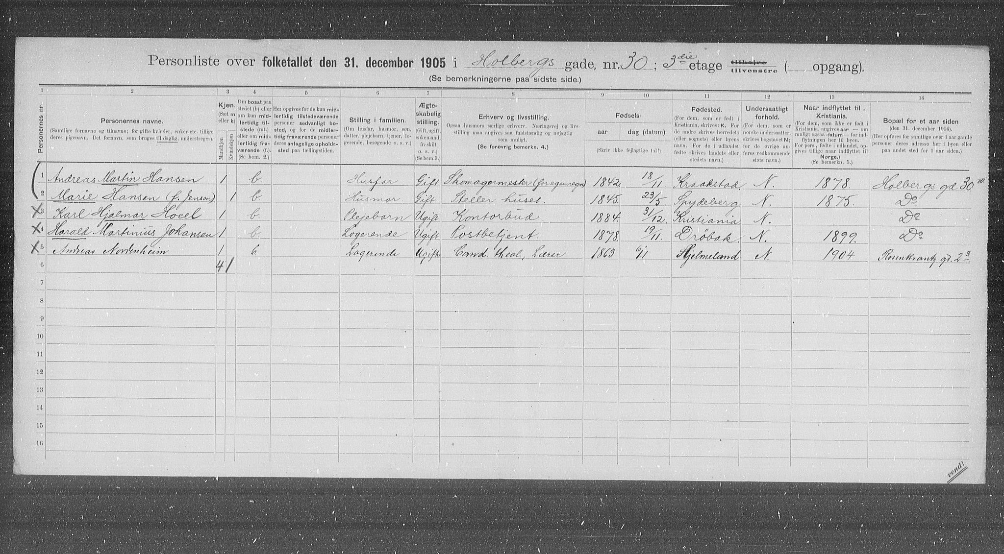 OBA, Municipal Census 1905 for Kristiania, 1905, p. 21060