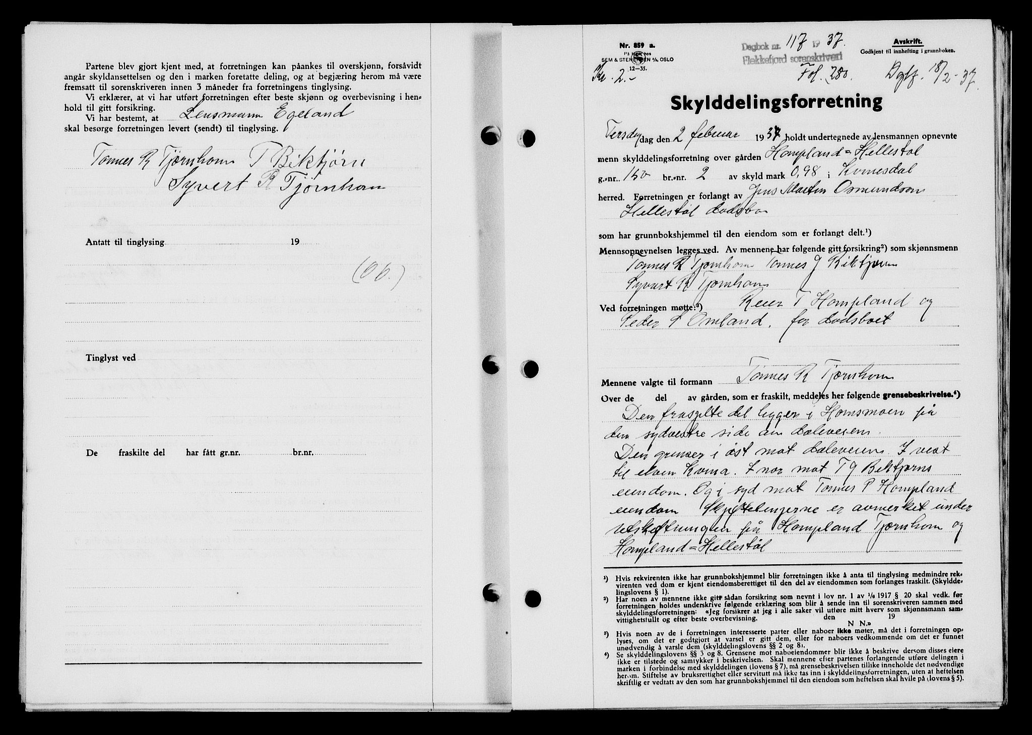 Flekkefjord sorenskriveri, SAK/1221-0001/G/Gb/Gba/L0053: Mortgage book no. A-1, 1936-1937, Diary no: : 117/1937