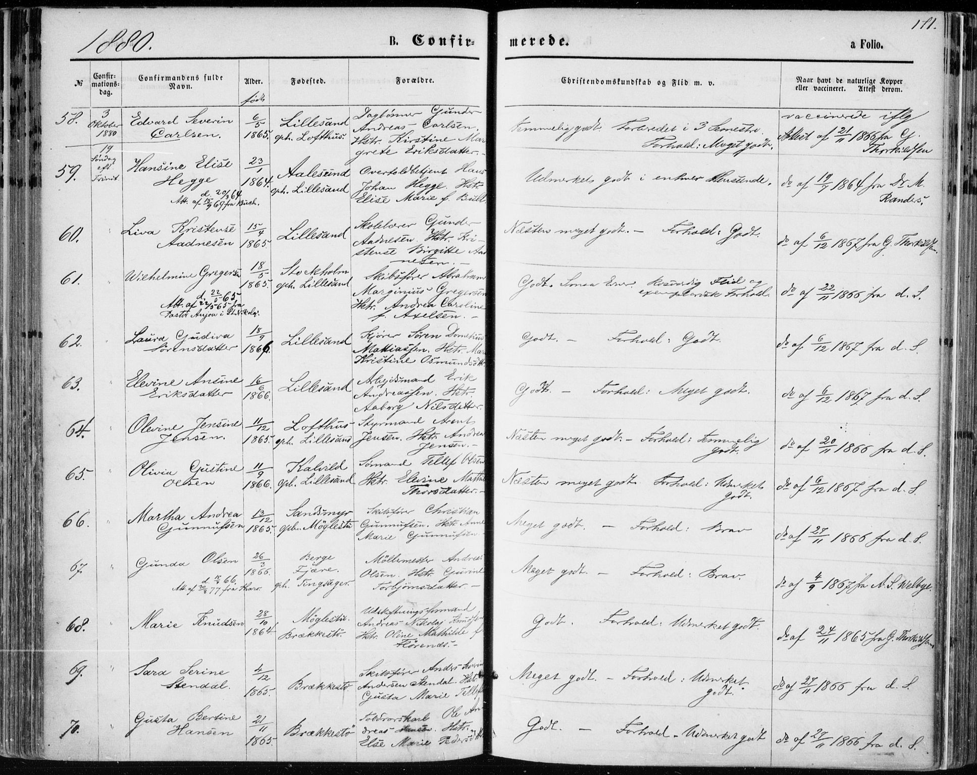 Vestre Moland sokneprestkontor, AV/SAK-1111-0046/F/Fa/Fab/L0008: Parish register (official) no. A 8, 1873-1883, p. 171