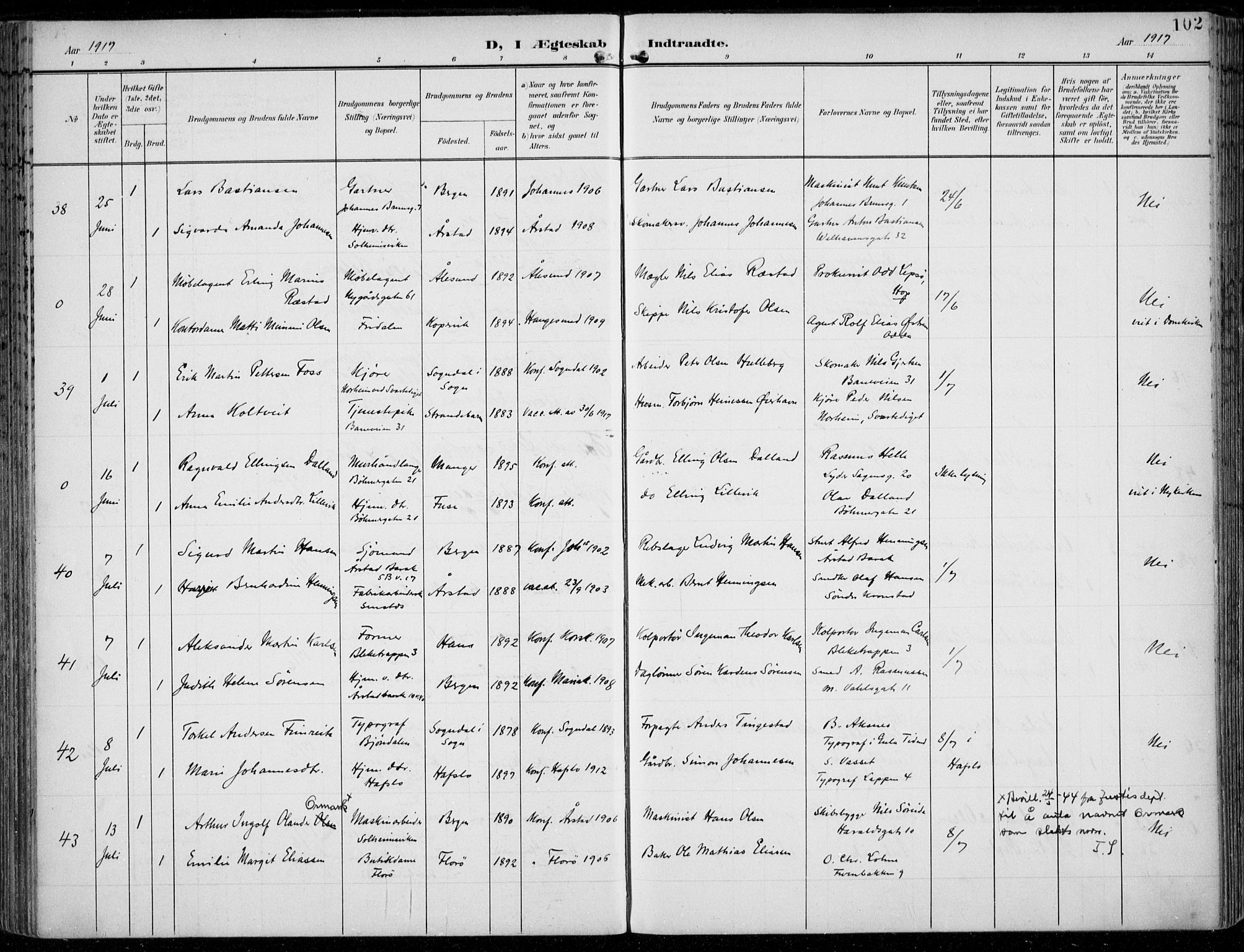 Årstad Sokneprestembete, AV/SAB-A-79301/H/Haa/L0009: Parish register (official) no. C 1, 1902-1918, p. 102