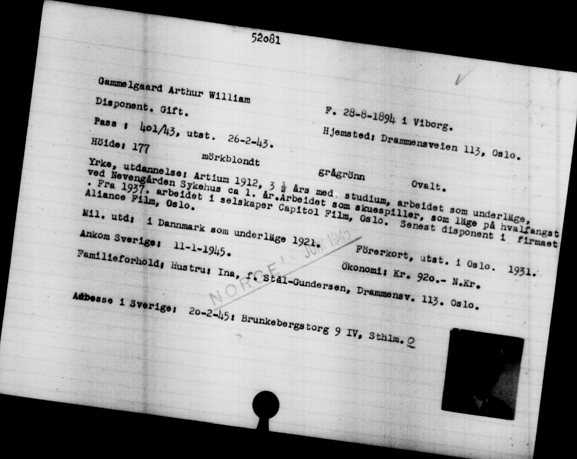 Utenriksstasjonene, Legasjonen i Stockholm, Flyktningkontoret, AV/RA-S-6753/V/Va/L0019: Kjesäterkartoteket, flyktninger med registreringsnr. 49600-55060, 1940-1945, p. 1554