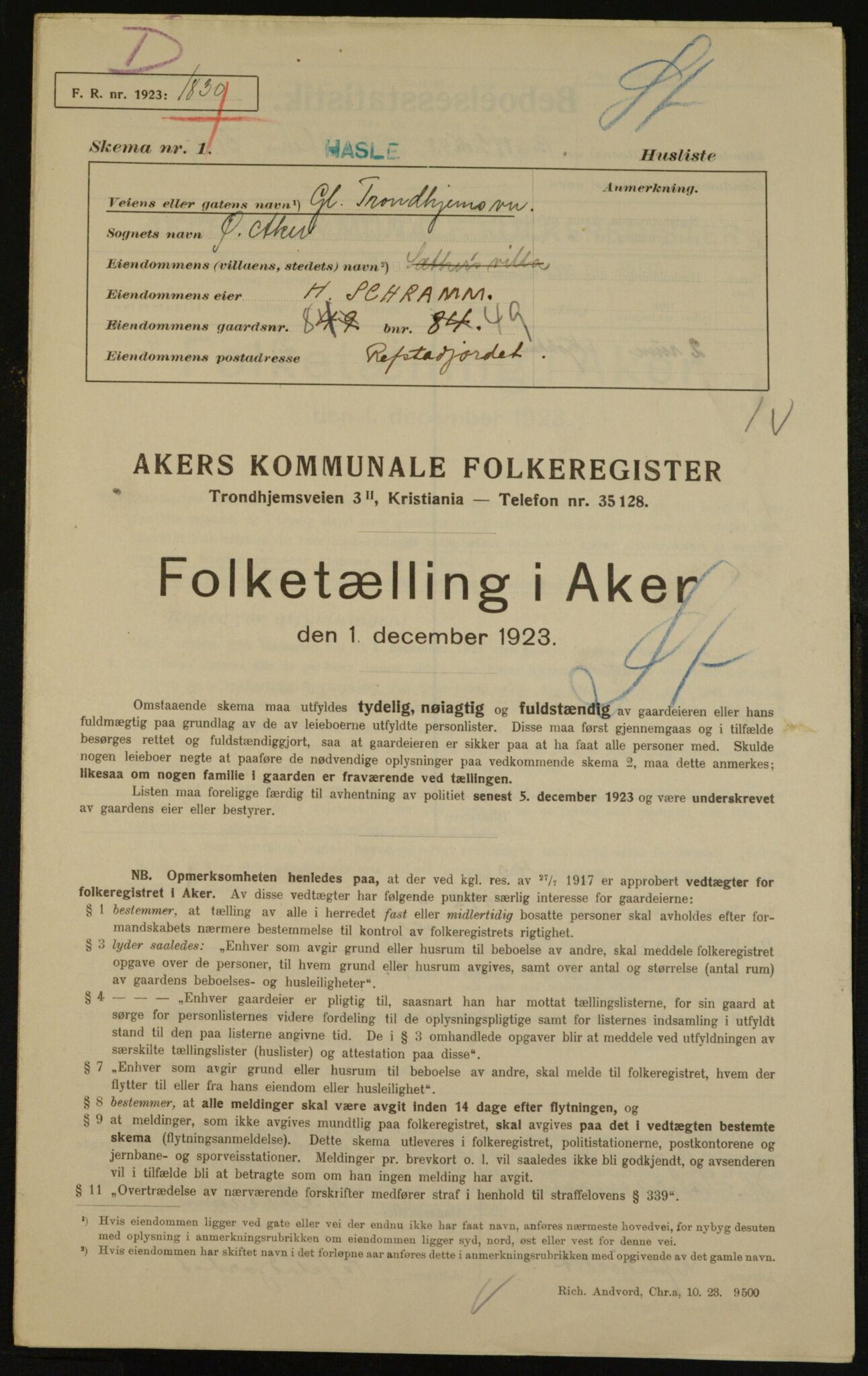 , Municipal Census 1923 for Aker, 1923, p. 34152