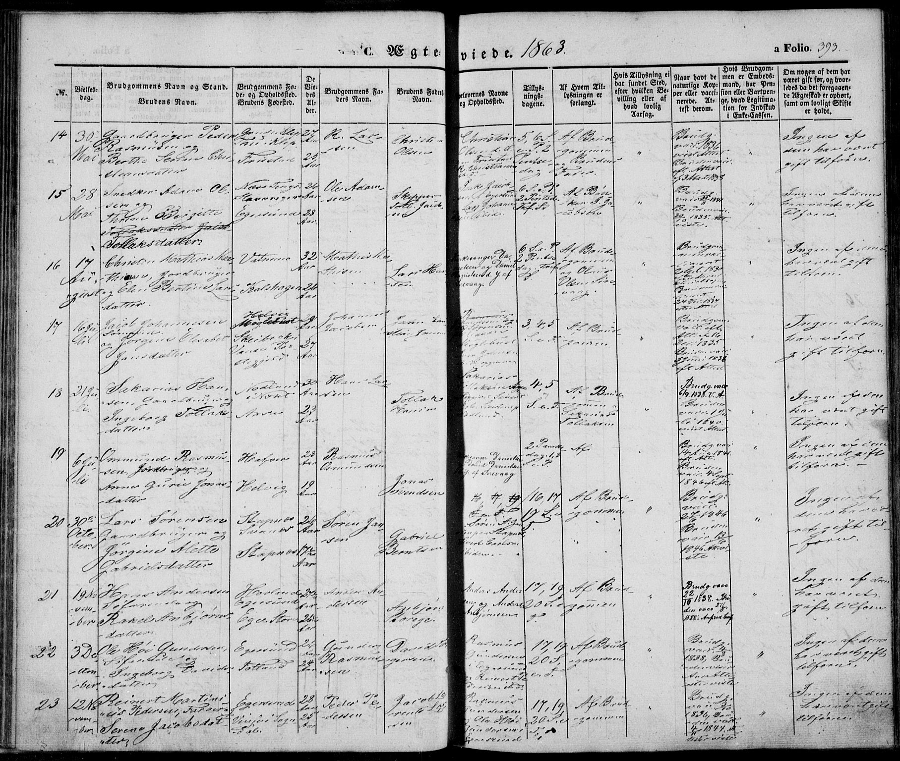 Eigersund sokneprestkontor, SAST/A-101807/S08/L0013: Parish register (official) no. A 12.2, 1850-1865, p. 393