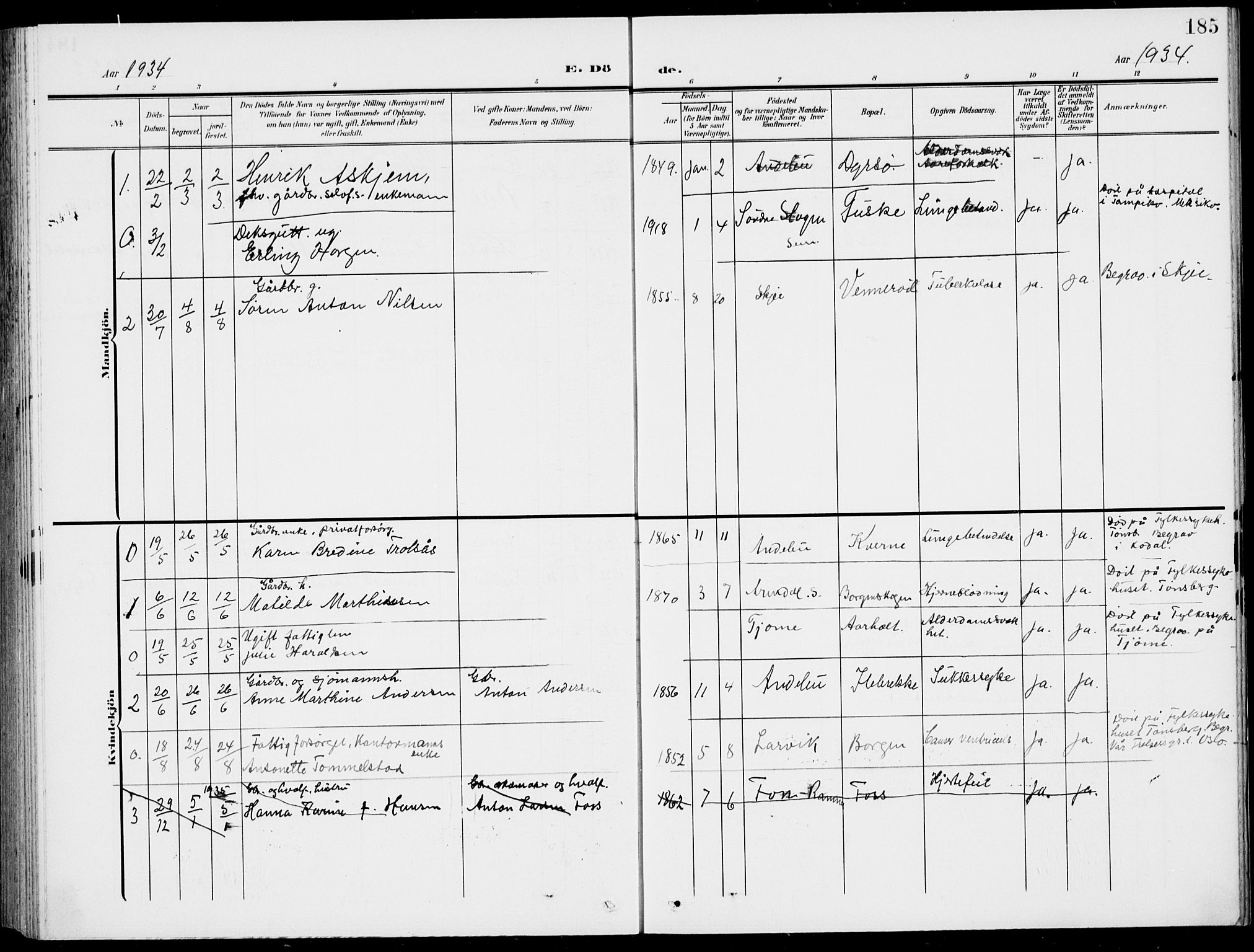 Stokke kirkebøker, SAKO/A-320/G/Gc/L0001: Parish register (copy) no. III 1, 1904-1935, p. 185