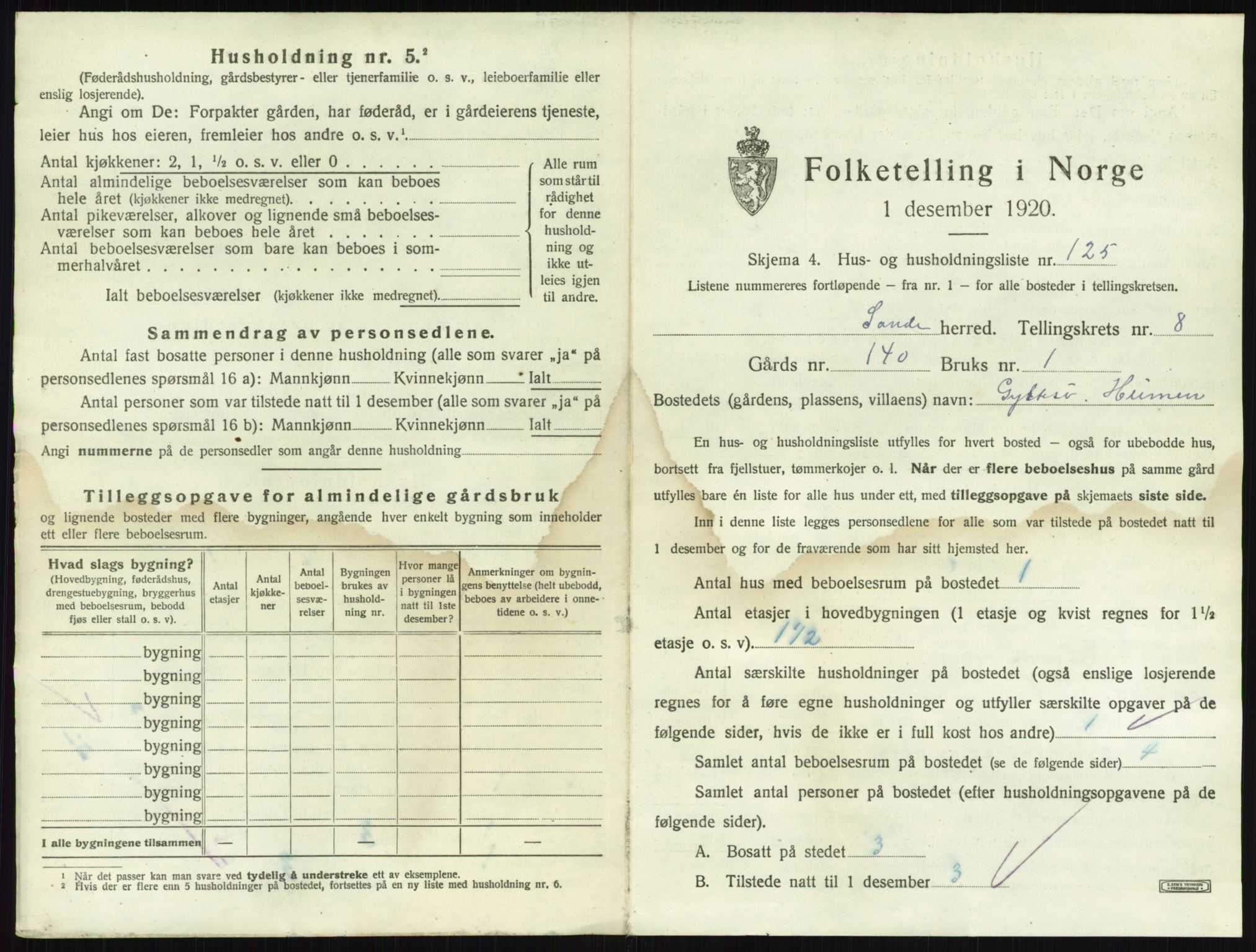 SAKO, 1920 census for Sande, 1920, p. 1608