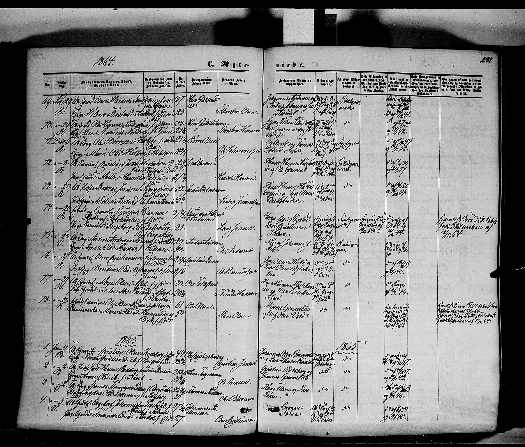 Ringsaker prestekontor, AV/SAH-PREST-014/K/Ka/L0010: Parish register (official) no. 10, 1861-1869, p. 281