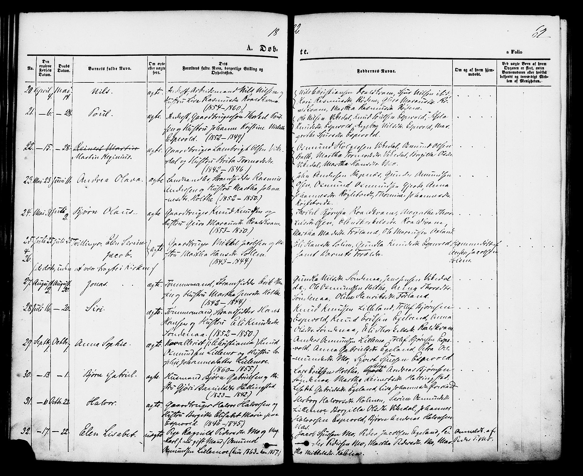 Vikedal sokneprestkontor, SAST/A-101840/01/IV: Parish register (official) no. A 7, 1868-1883, p. 62