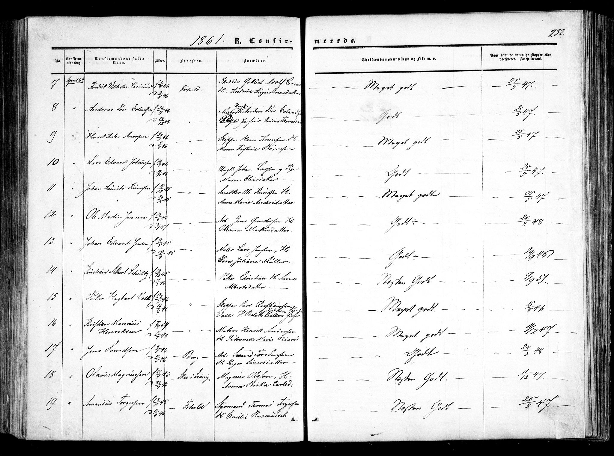 Halden prestekontor Kirkebøker, AV/SAO-A-10909/F/Fa/L0007: Parish register (official) no. I 7, 1857-1865, p. 232