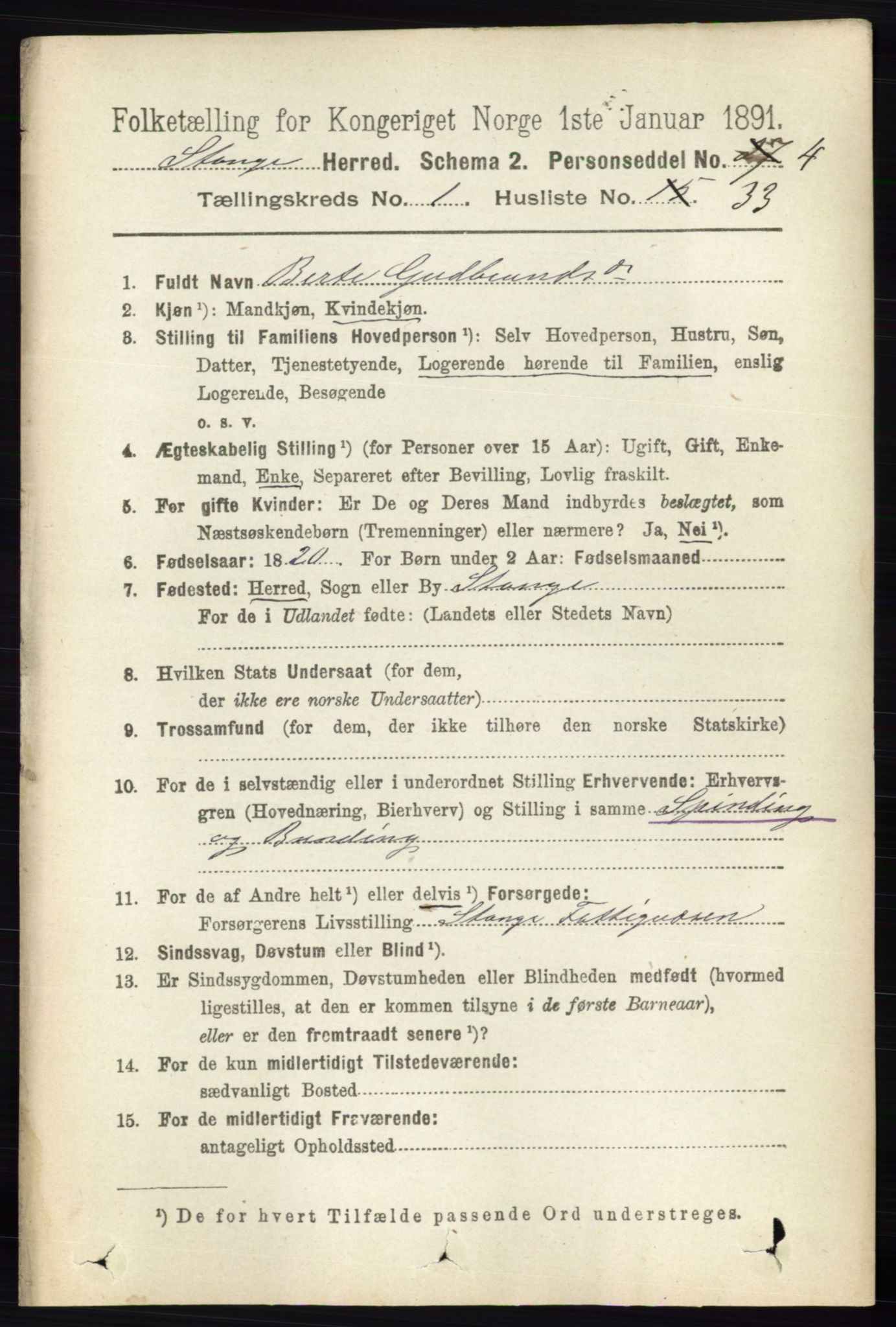 RA, 1891 census for 0417 Stange, 1891, p. 405