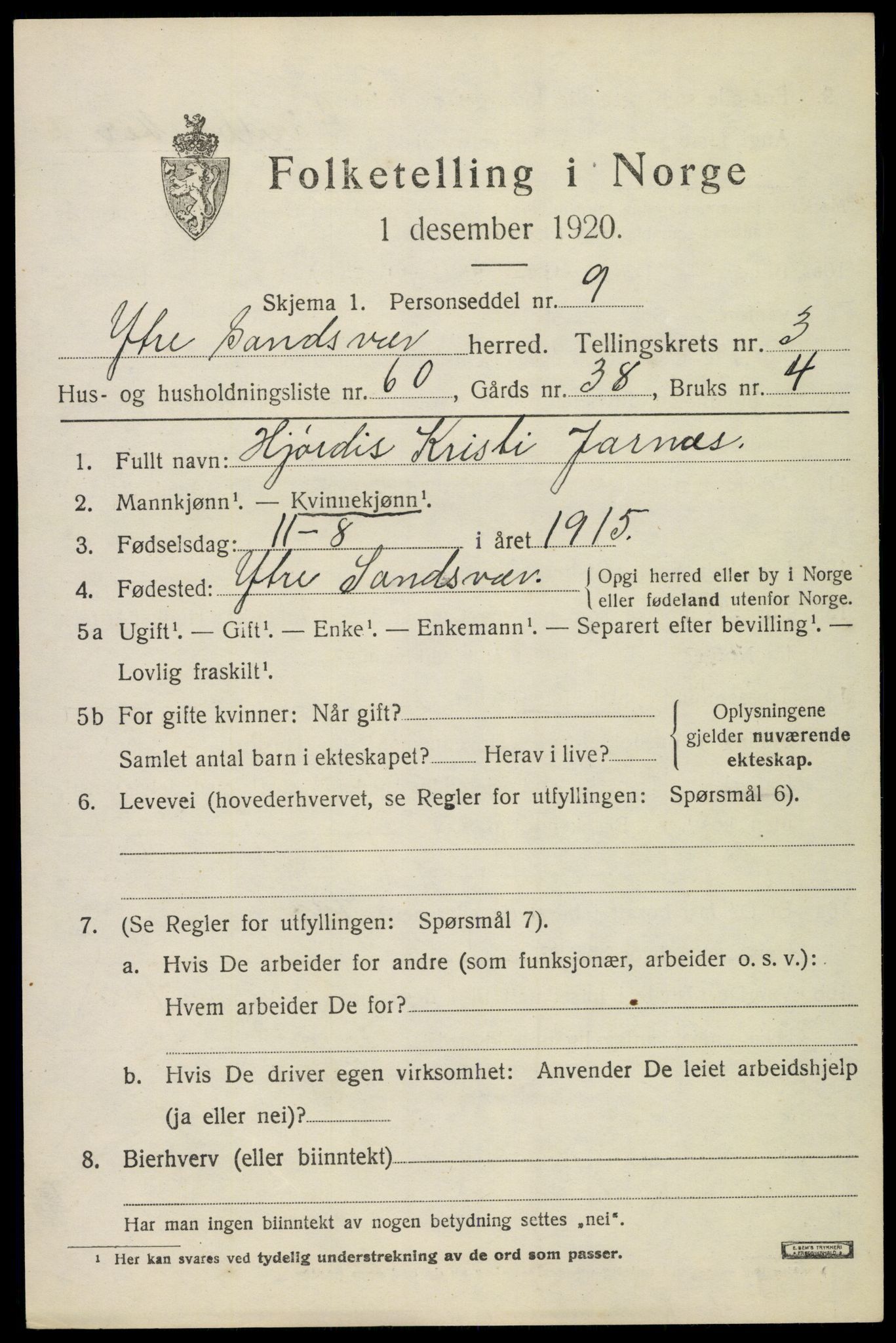 SAKO, 1920 census for Ytre Sandsvær, 1920, p. 4382