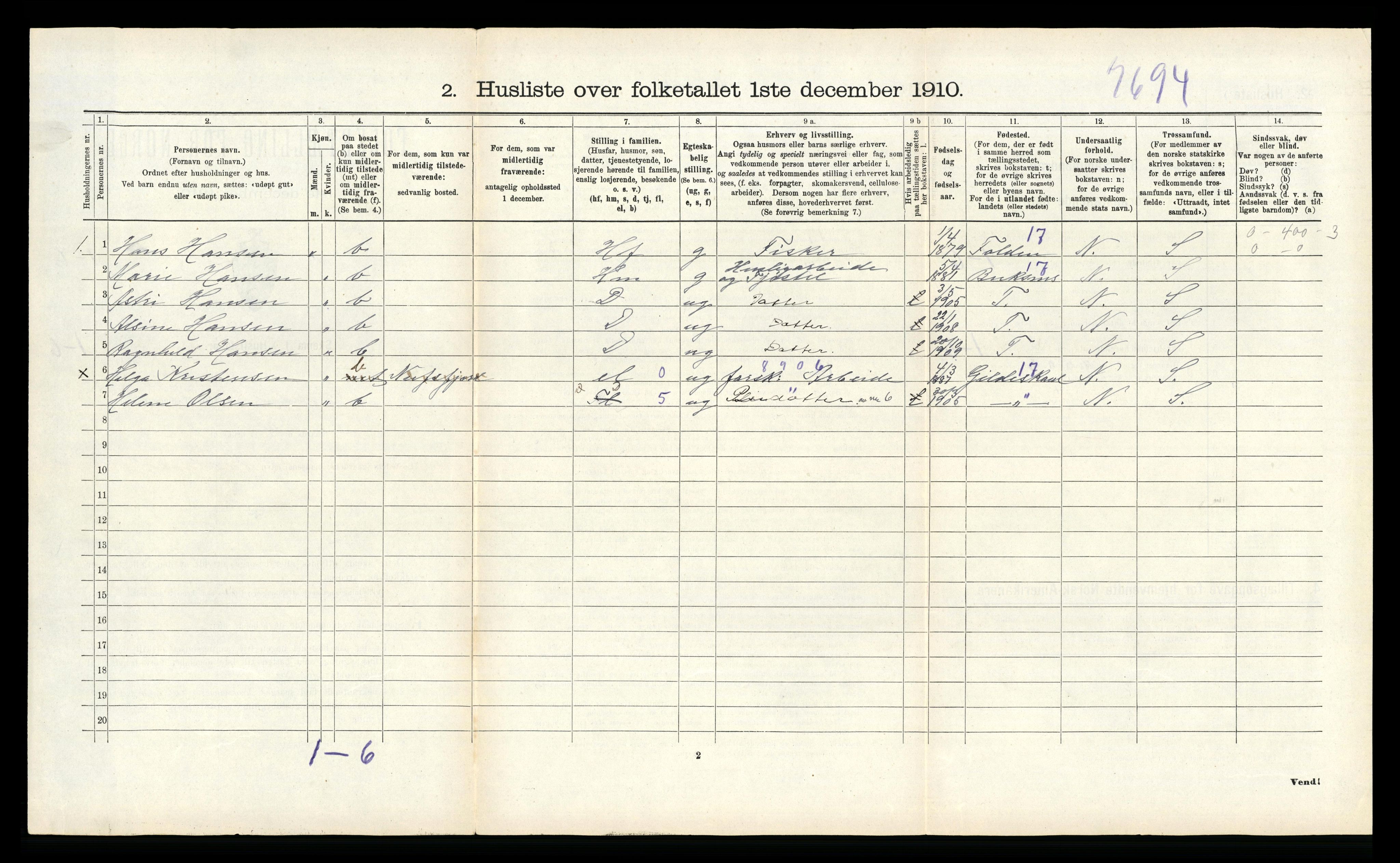 RA, 1910 census for Flakstad, 1910, p. 501