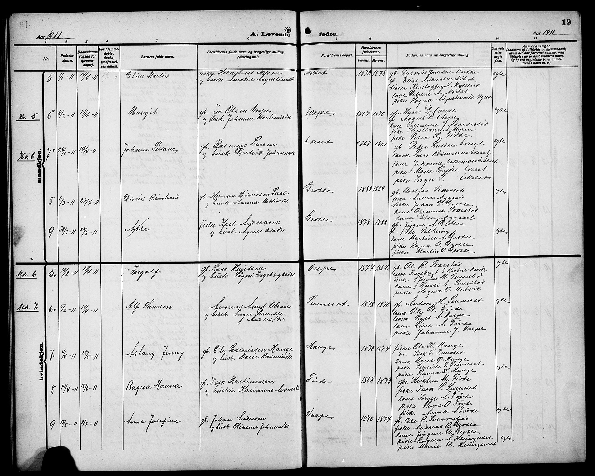 Bremanger sokneprestembete, AV/SAB-A-82201/H/Hab/Habc/L0001: Parish register (copy) no. C 1, 1908-1919, p. 19