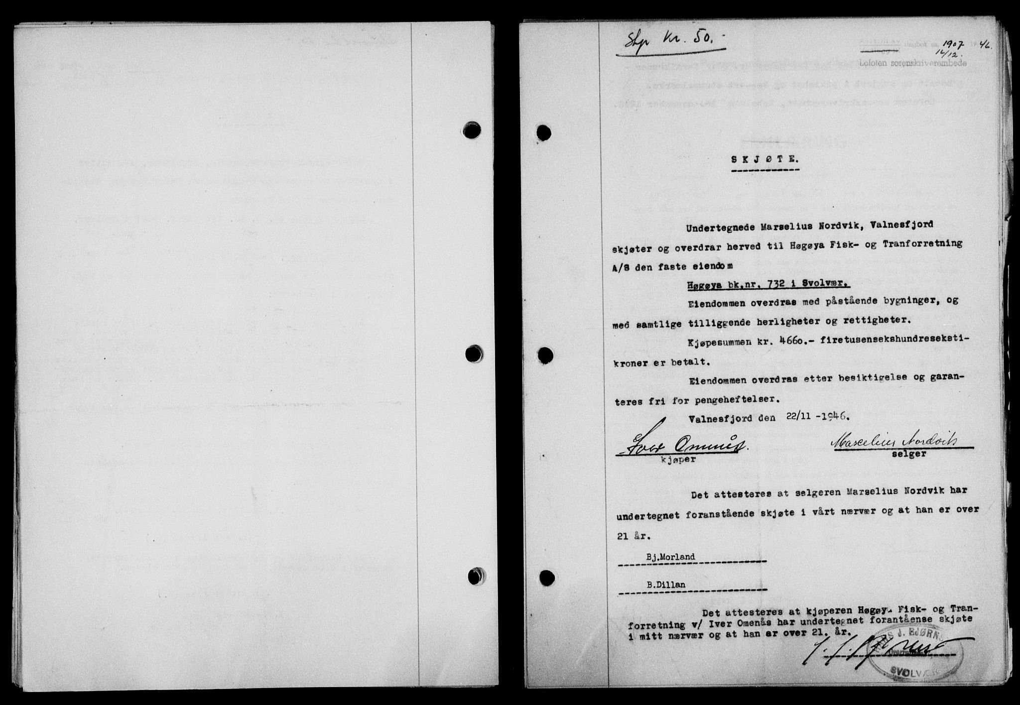 Lofoten sorenskriveri, SAT/A-0017/1/2/2C/L0015a: Mortgage book no. 15a, 1946-1947, Diary no: : 1907/1946