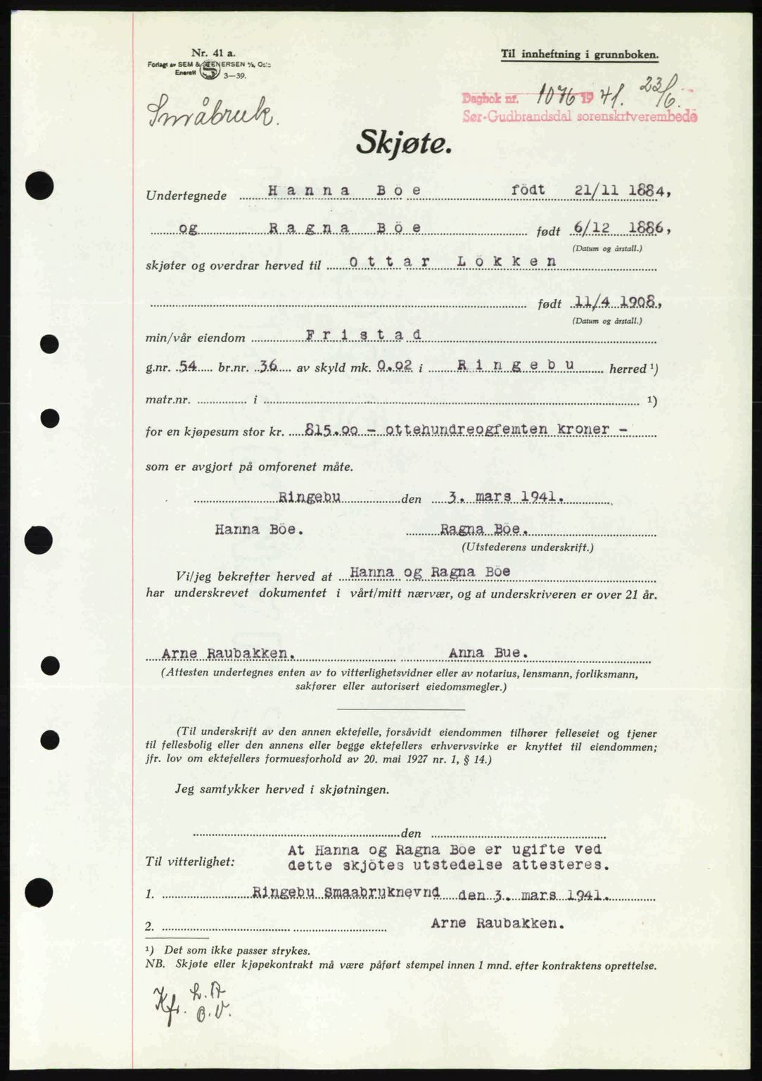 Sør-Gudbrandsdal tingrett, SAH/TING-004/H/Hb/Hbd/L0009: Mortgage book no. A9, 1941-1941, Diary no: : 1076/1941