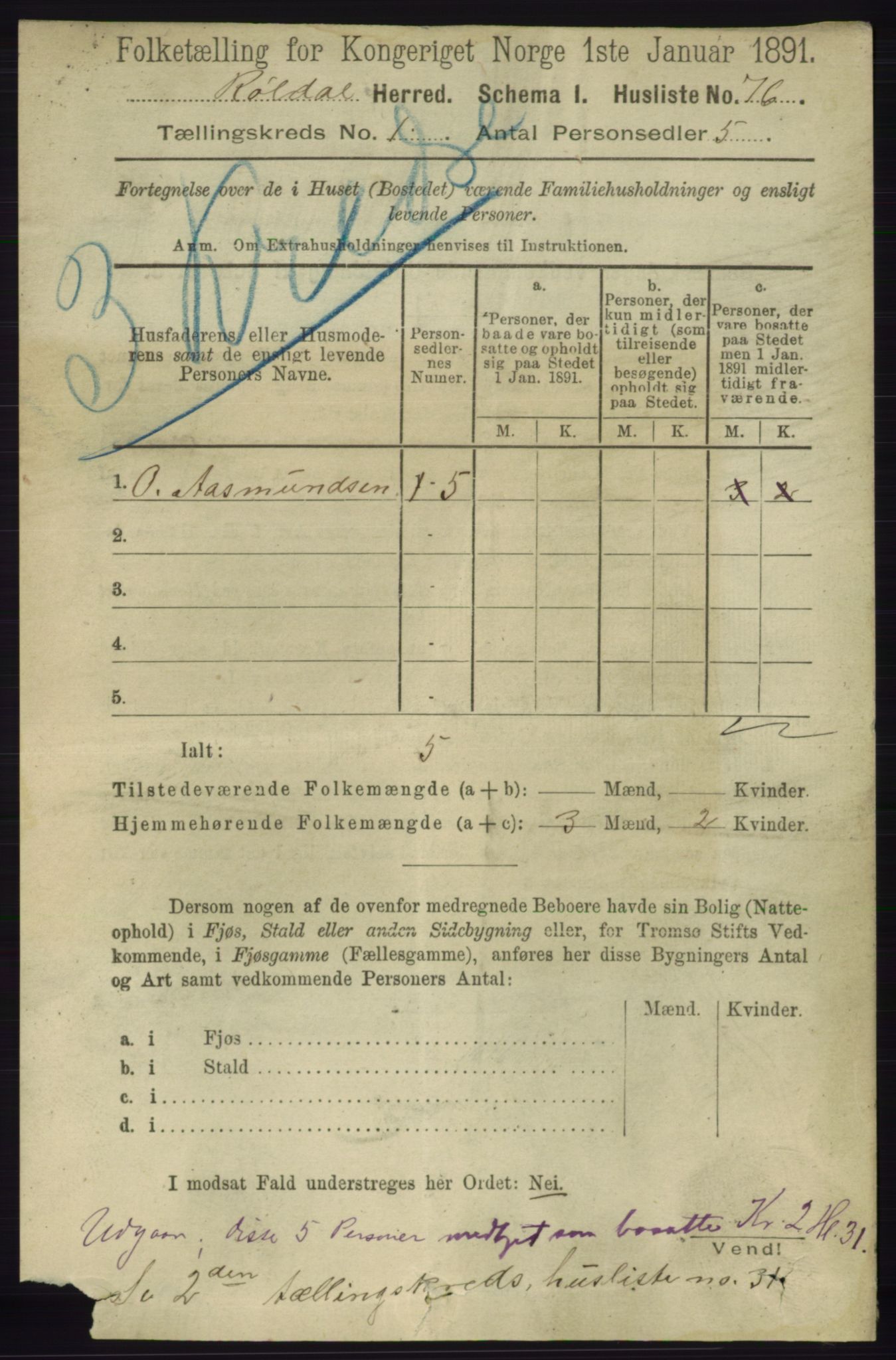 RA, 1891 census for 1229 Røldal, 1891, p. 89