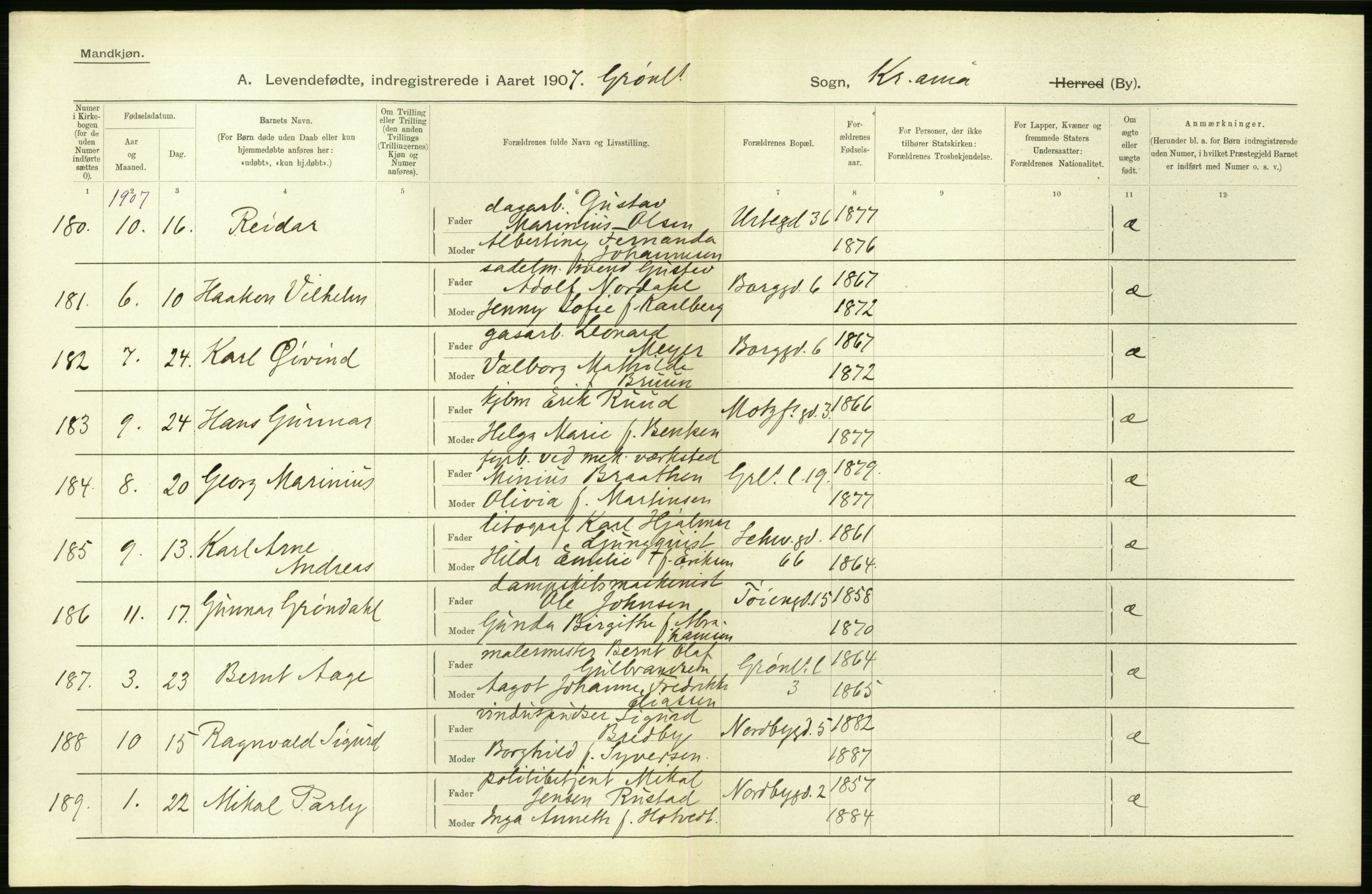 Statistisk sentralbyrå, Sosiodemografiske emner, Befolkning, AV/RA-S-2228/D/Df/Dfa/Dfae/L0007: Kristiania: Levendefødte menn og kvinner., 1907, p. 286