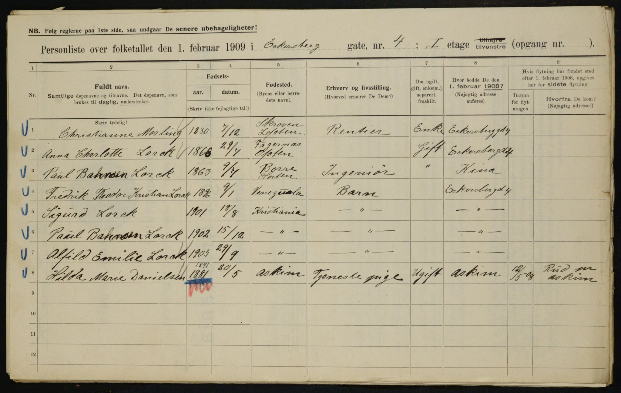 OBA, Municipal Census 1909 for Kristiania, 1909, p. 16615