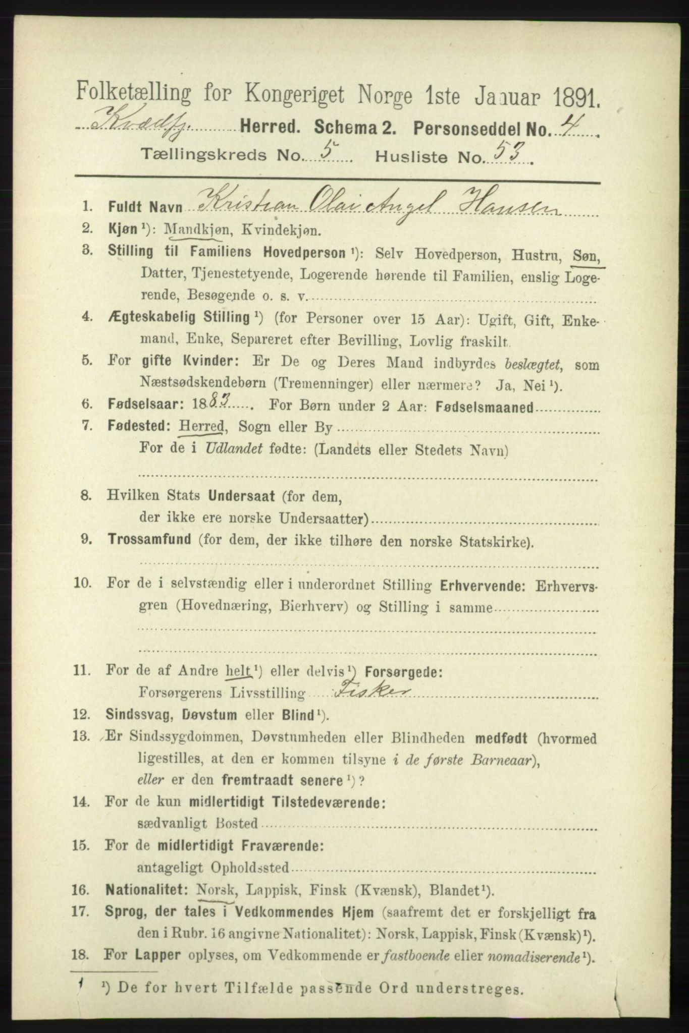 RA, 1891 census for 1911 Kvæfjord, 1891, p. 3168