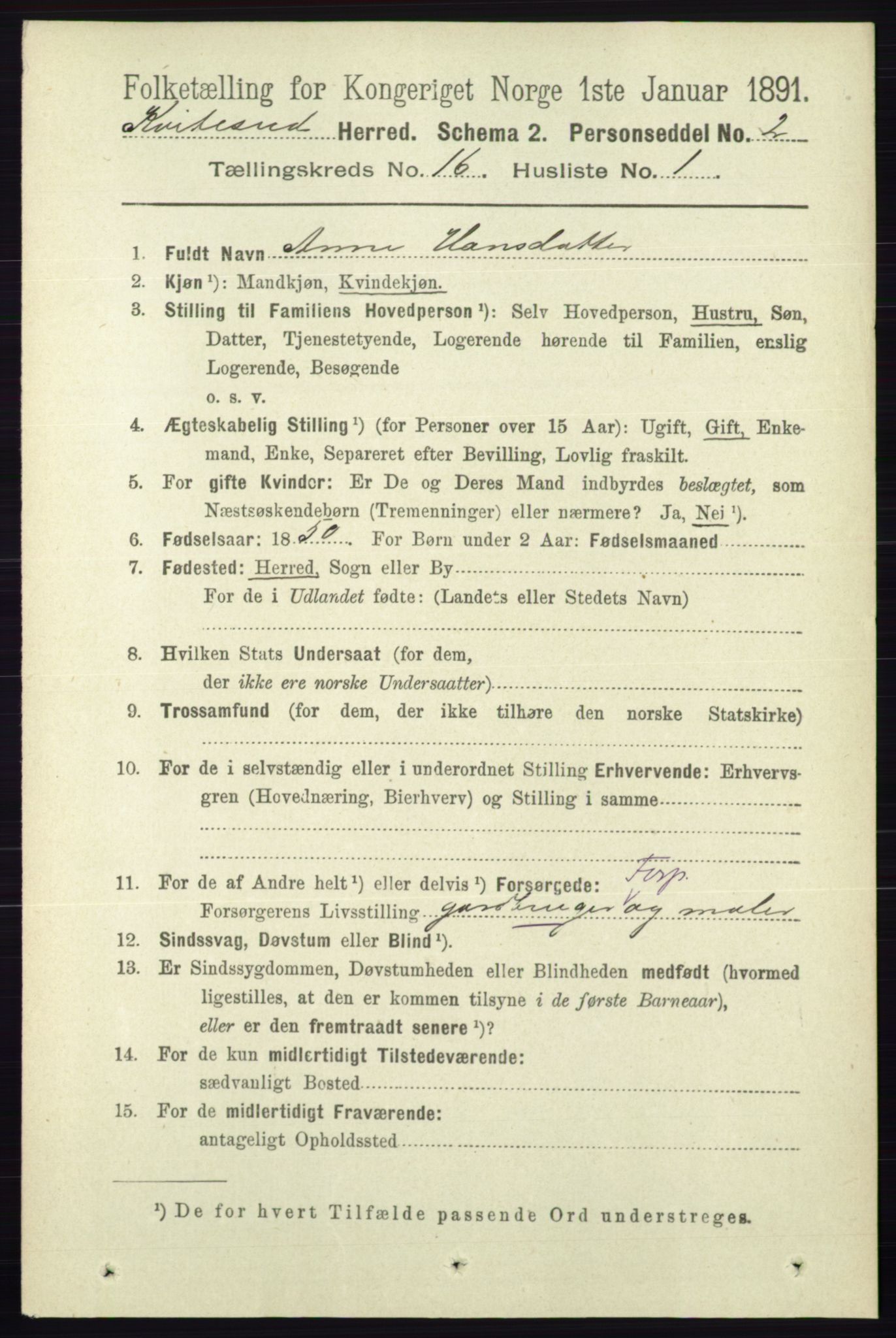 RA, 1891 census for 0829 Kviteseid, 1891, p. 3636