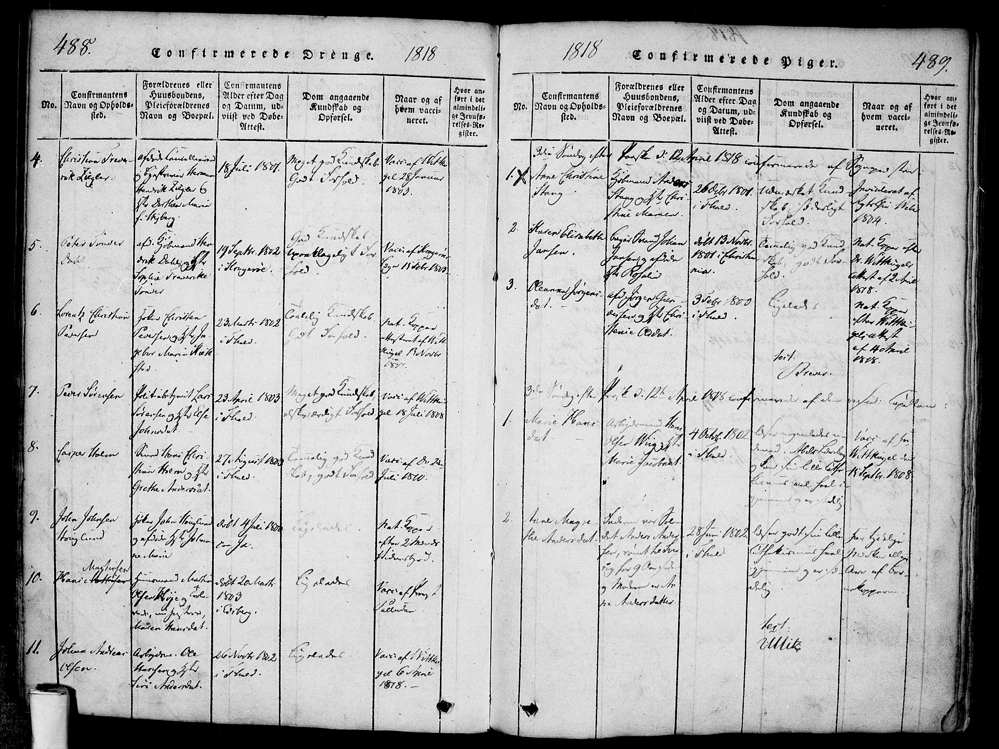 Halden prestekontor Kirkebøker, AV/SAO-A-10909/F/Fa/L0003: Parish register (official) no. I 3, 1815-1834, p. 488-489