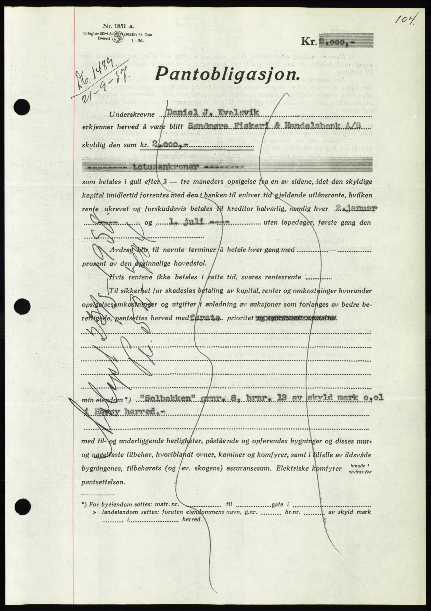 Søre Sunnmøre sorenskriveri, AV/SAT-A-4122/1/2/2C/L0064: Mortgage book no. 58, 1937-1938, Diary no: : 1489/1937