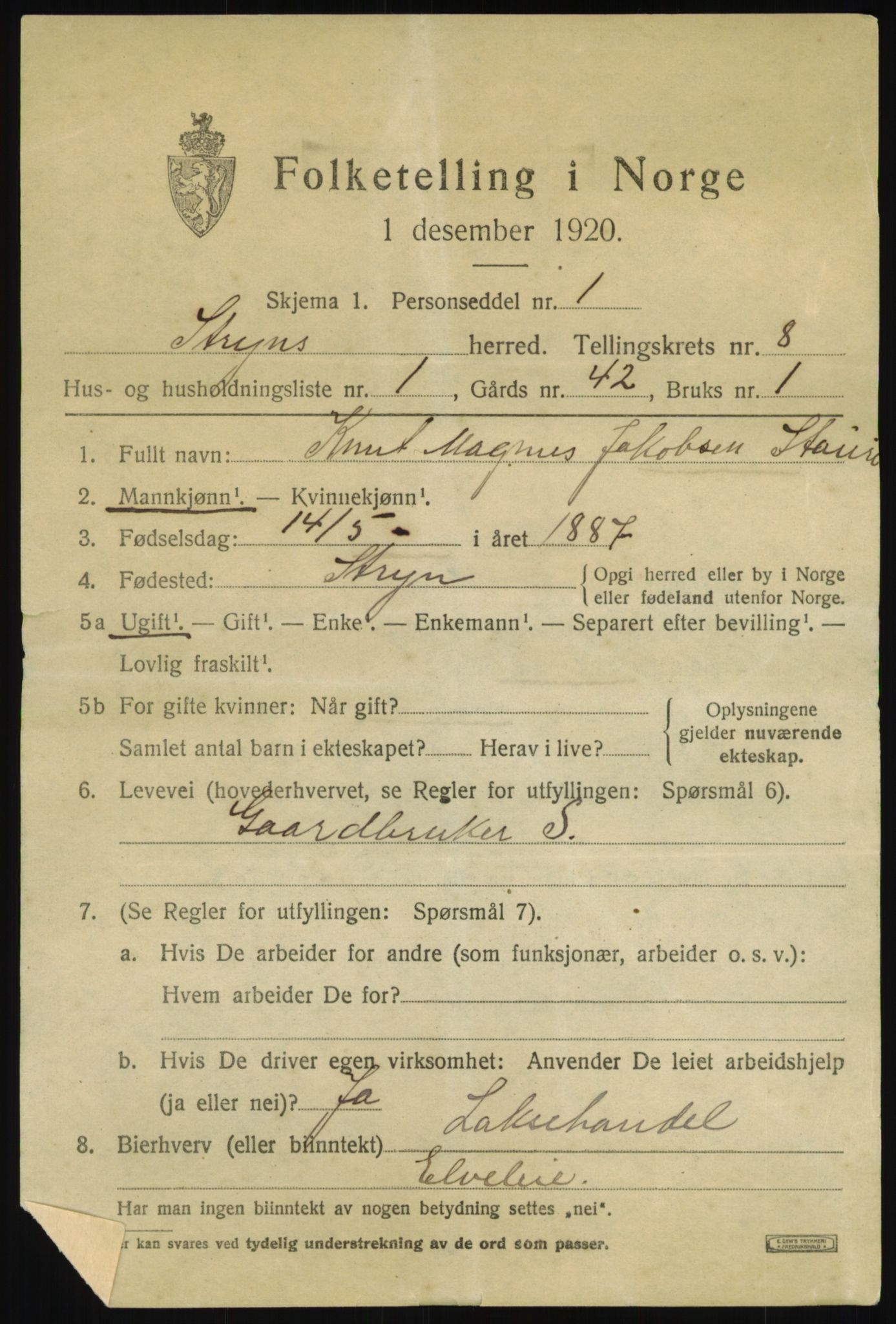 SAB, 1920 census for Stryn, 1920, p. 3708