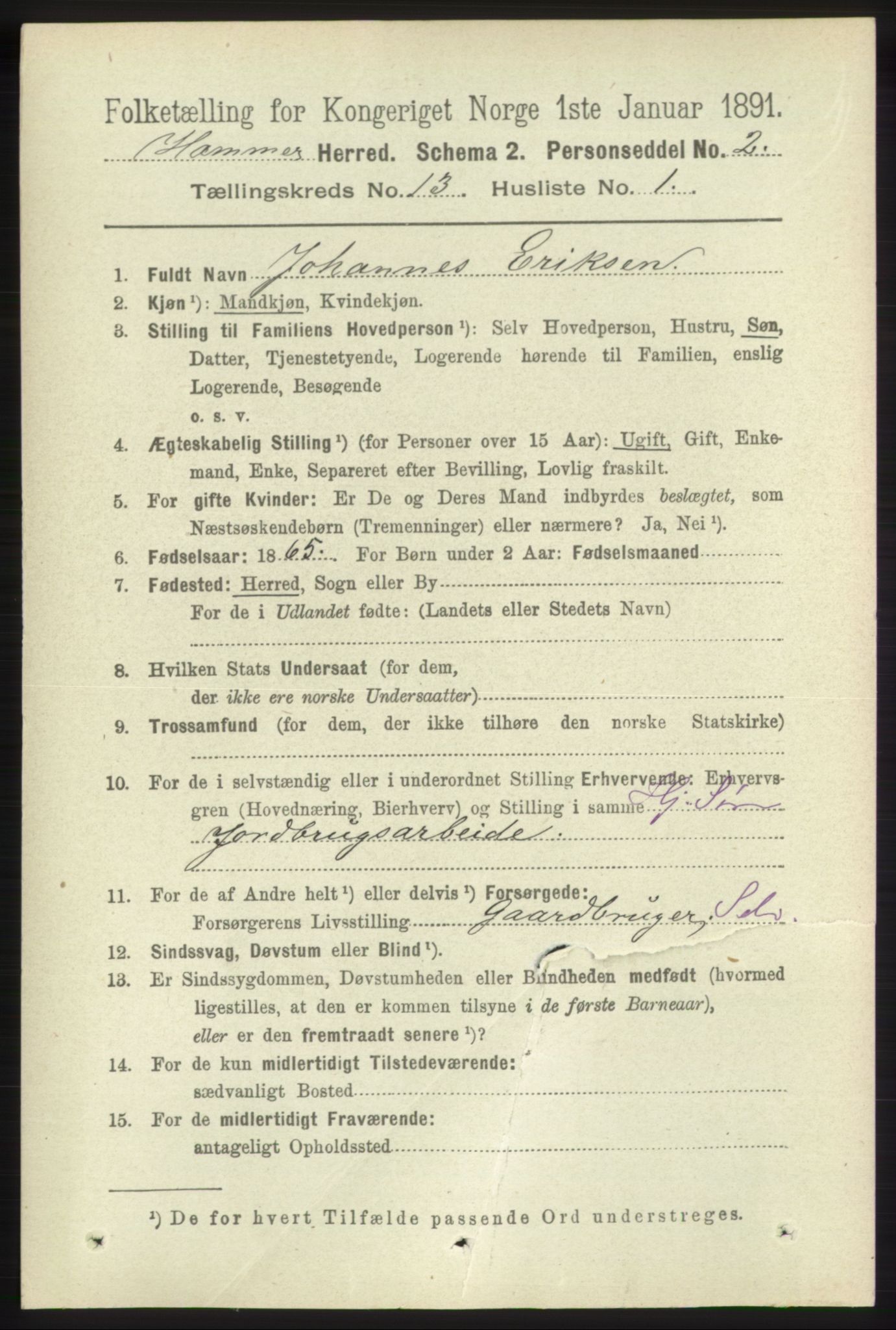 RA, 1891 census for 1254 Hamre, 1891, p. 3994