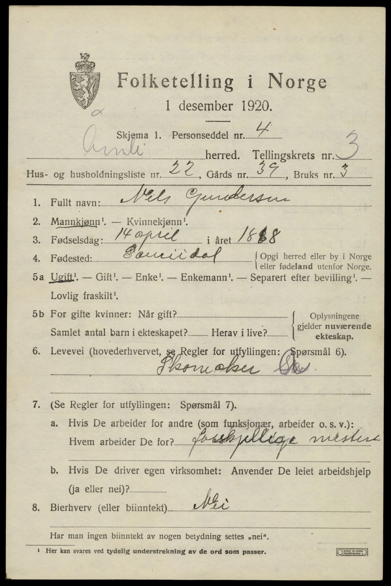 SAK, 1920 census for Åmli, 1920, p. 1511