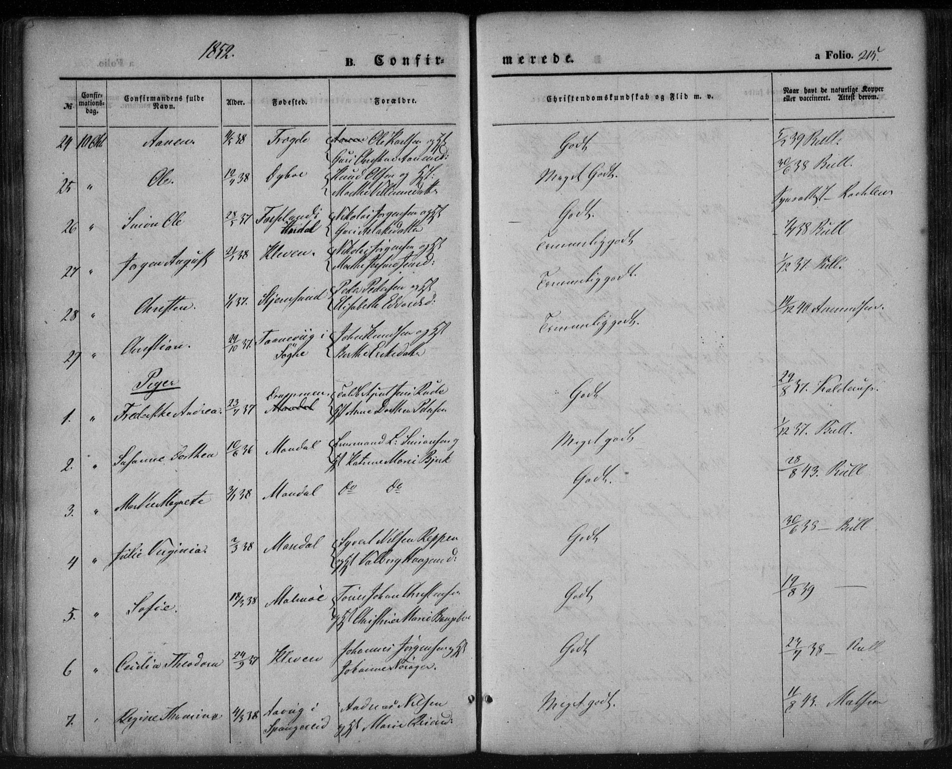 Mandal sokneprestkontor, AV/SAK-1111-0030/F/Fa/Faa/L0013: Parish register (official) no. A 13, 1847-1859, p. 215