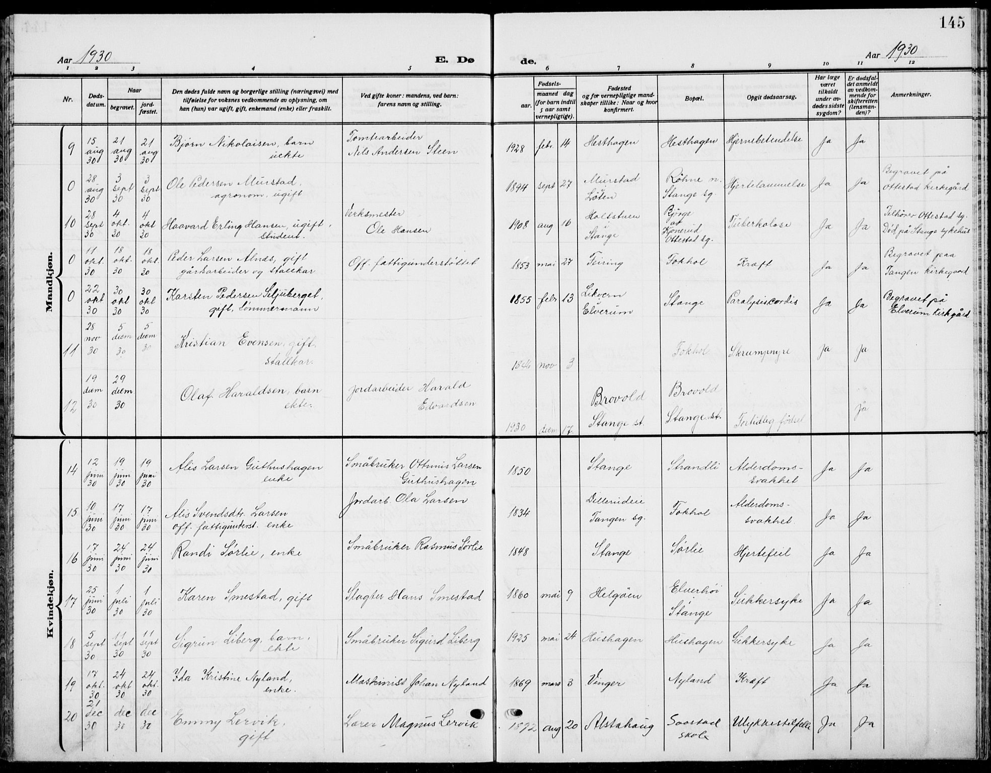 Stange prestekontor, AV/SAH-PREST-002/L/L0018: Parish register (copy) no. 18, 1929-1937, p. 145