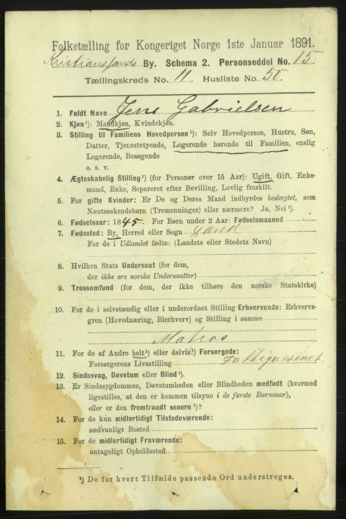 RA, 1891 census for 1001 Kristiansand, 1891, p. 5996