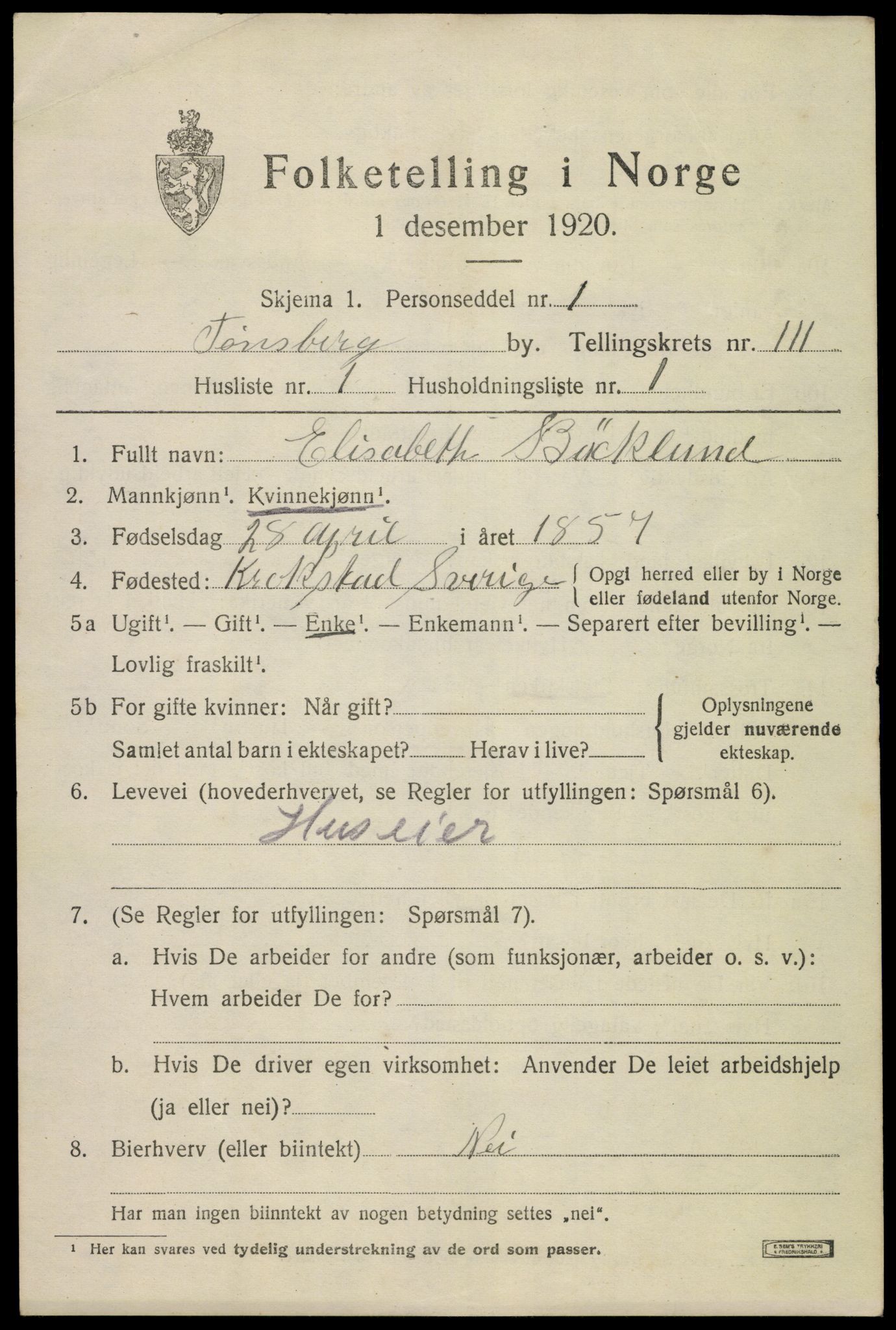 SAKO, 1920 census for Tønsberg, 1920, p. 10871