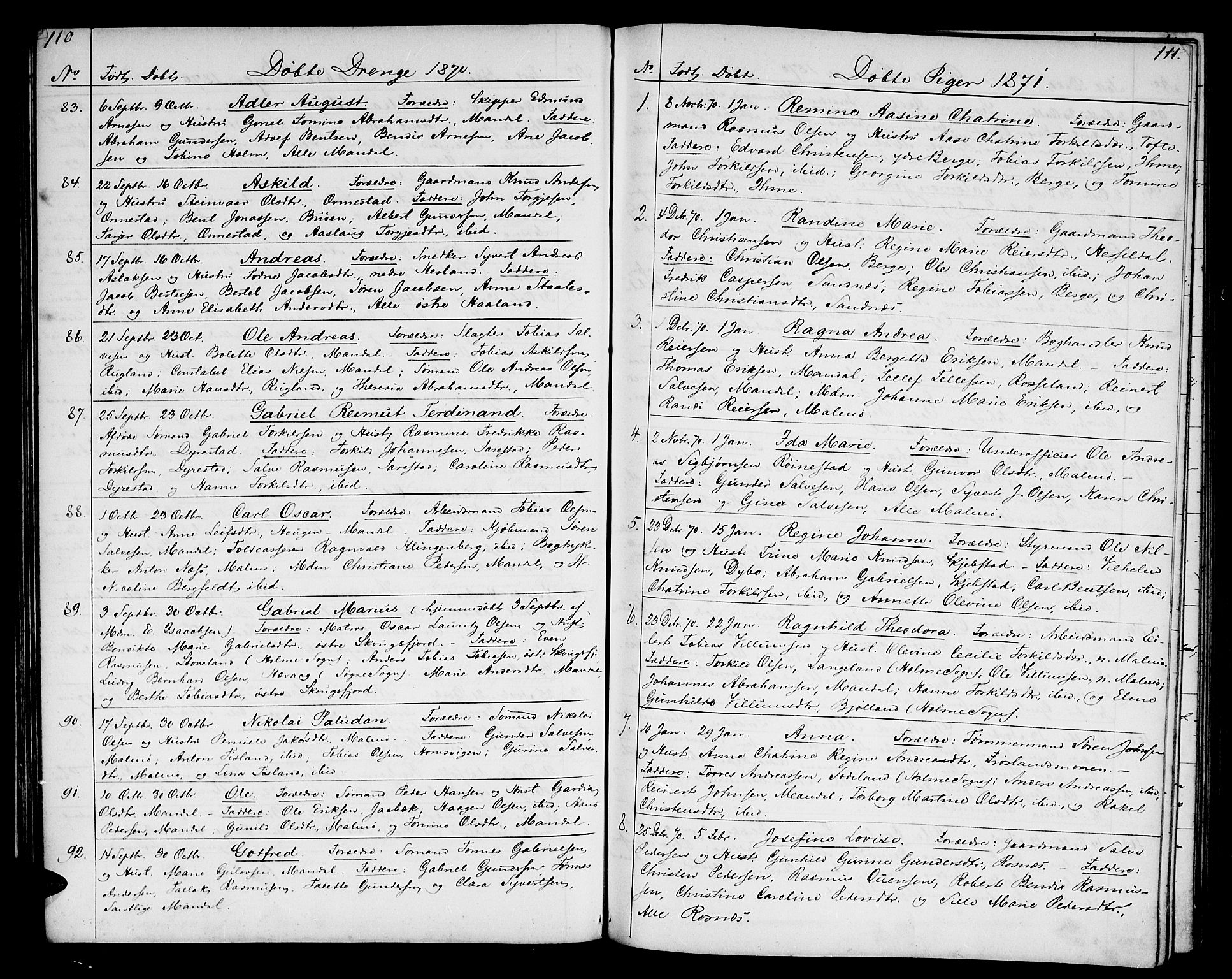 Mandal sokneprestkontor, SAK/1111-0030/F/Fb/Fba/L0009: Parish register (copy) no. B 3, 1867-1877, p. 110-111