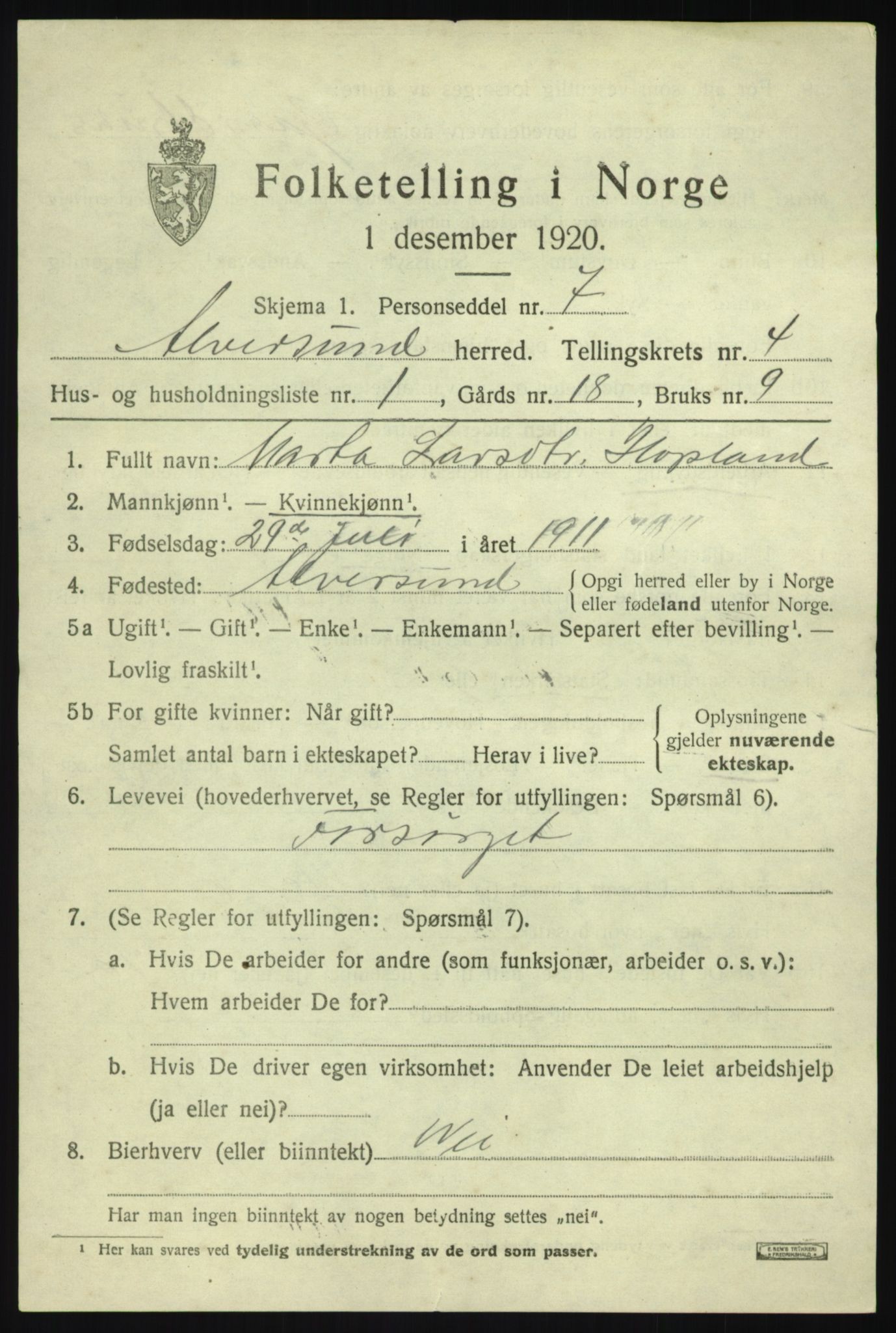 SAB, 1920 census for Alversund, 1920, p. 2670