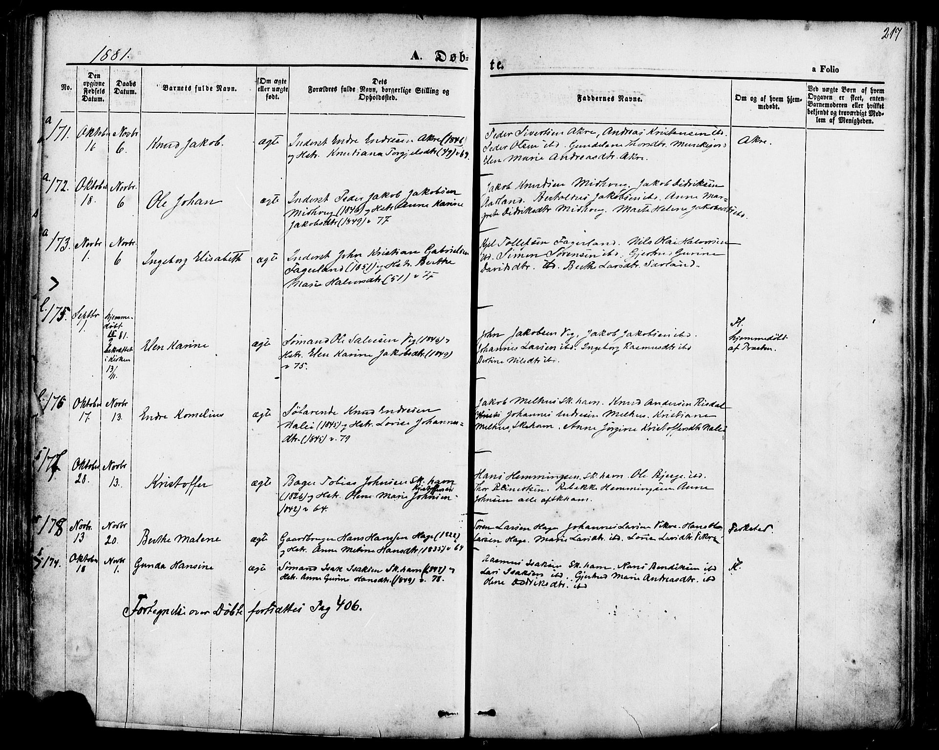 Skudenes sokneprestkontor, SAST/A -101849/H/Ha/Haa/L0006: Parish register (official) no. A 4, 1864-1881, p. 217
