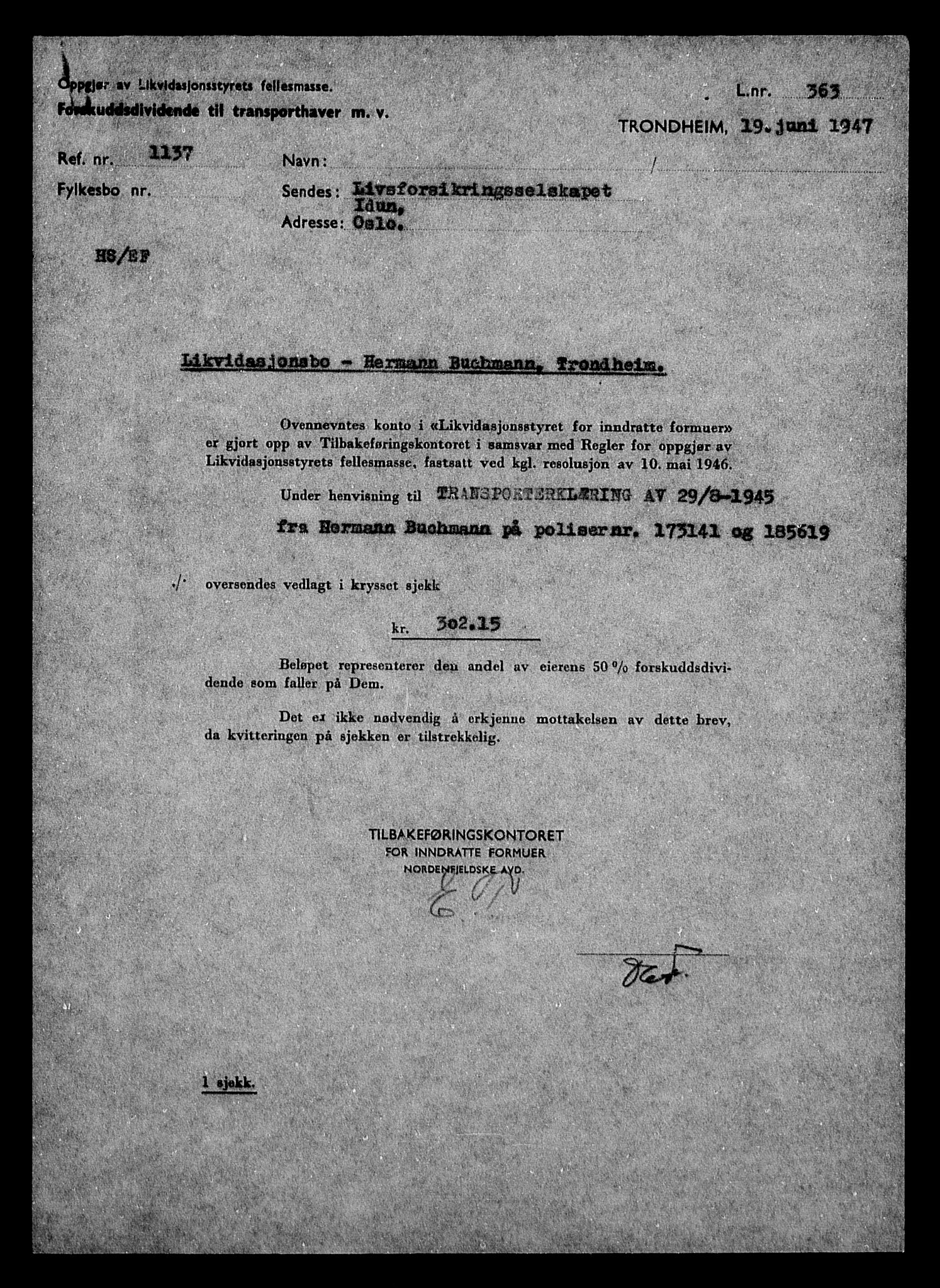 Justisdepartementet, Tilbakeføringskontoret for inndratte formuer, AV/RA-S-1564/H/Hc/Hca/L0894: --, 1945-1947, p. 111