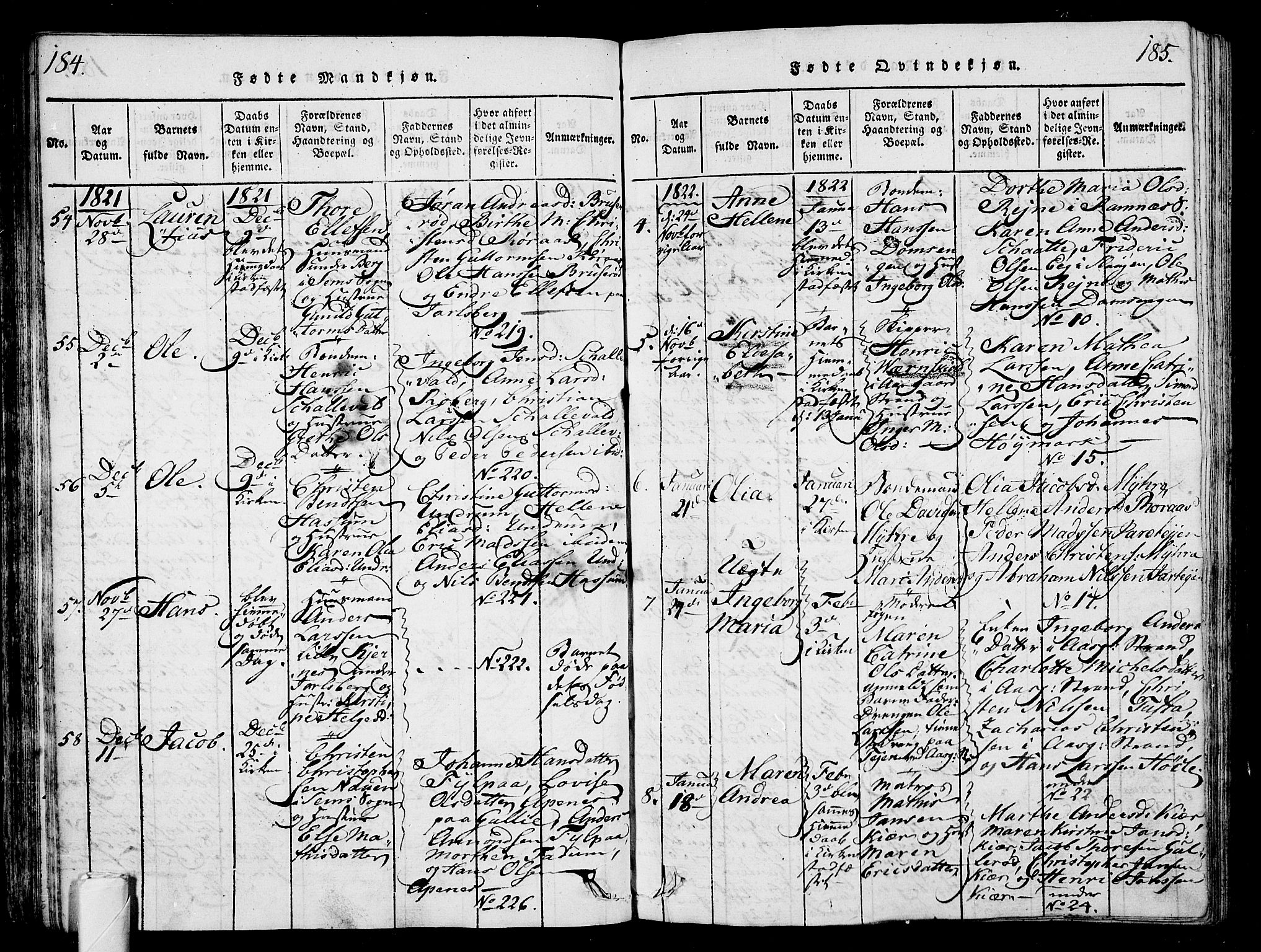 Sem kirkebøker, AV/SAKO-A-5/G/Ga/L0001: Parish register (copy) no. I 1, 1814-1825, p. 184-185