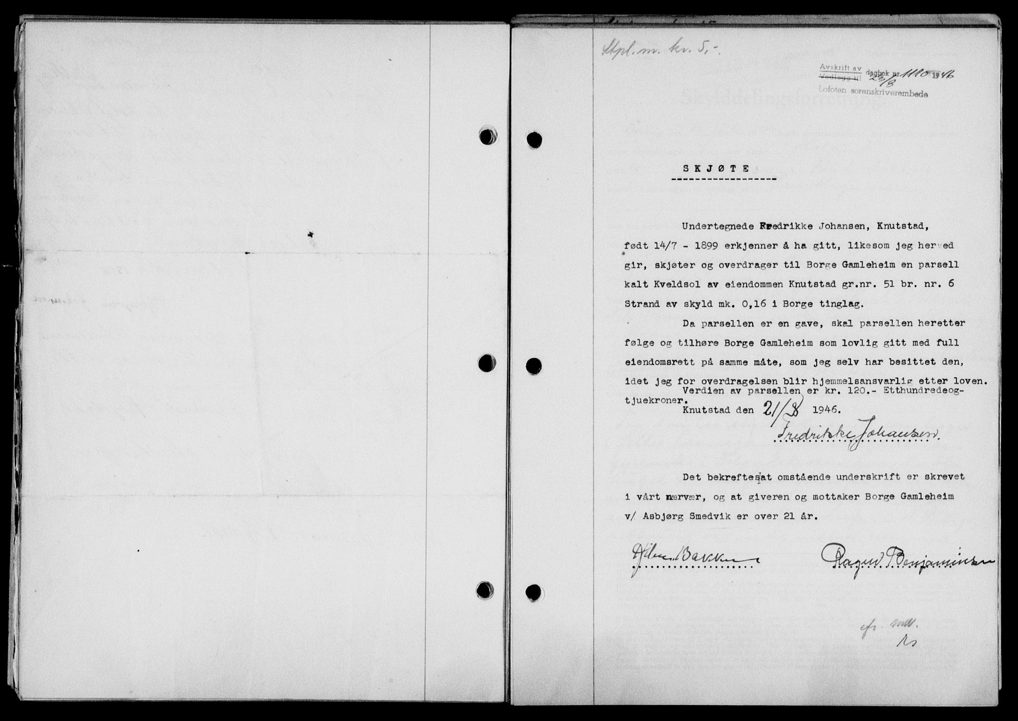 Lofoten sorenskriveri, SAT/A-0017/1/2/2C/L0014a: Mortgage book no. 14a, 1946-1946, Diary no: : 1110/1946