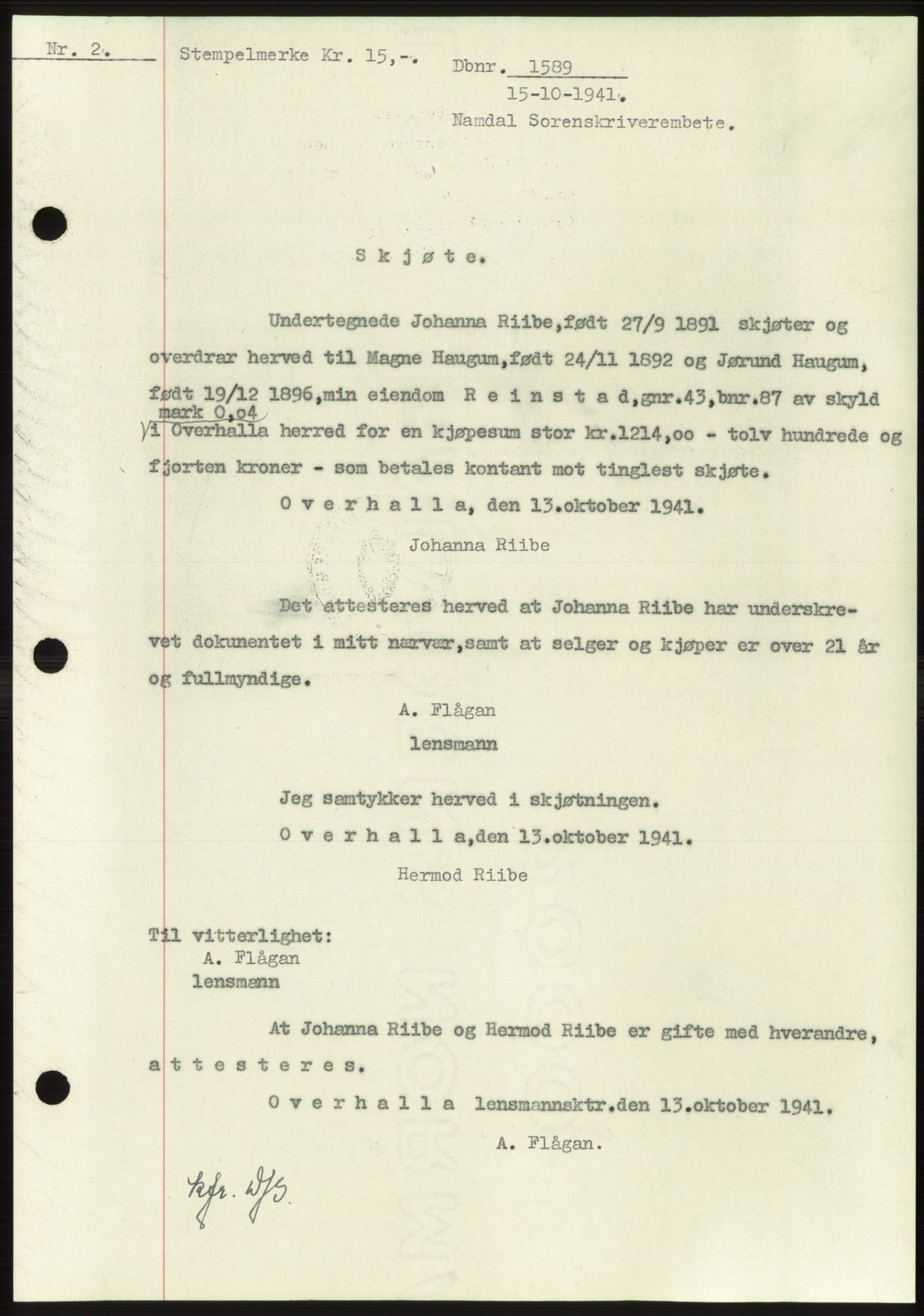 Namdal sorenskriveri, SAT/A-4133/1/2/2C: Mortgage book no. -, 1941-1942, Diary no: : 1589/1941