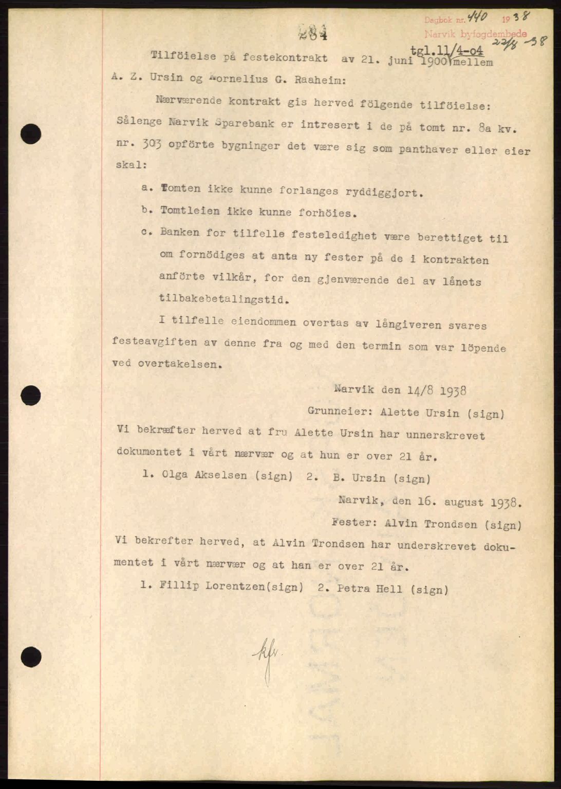 Narvik sorenskriveri, AV/SAT-A-0002/1/2/2C/2Ca: Mortgage book no. A15, 1937-1939, Diary no: : 440/1938