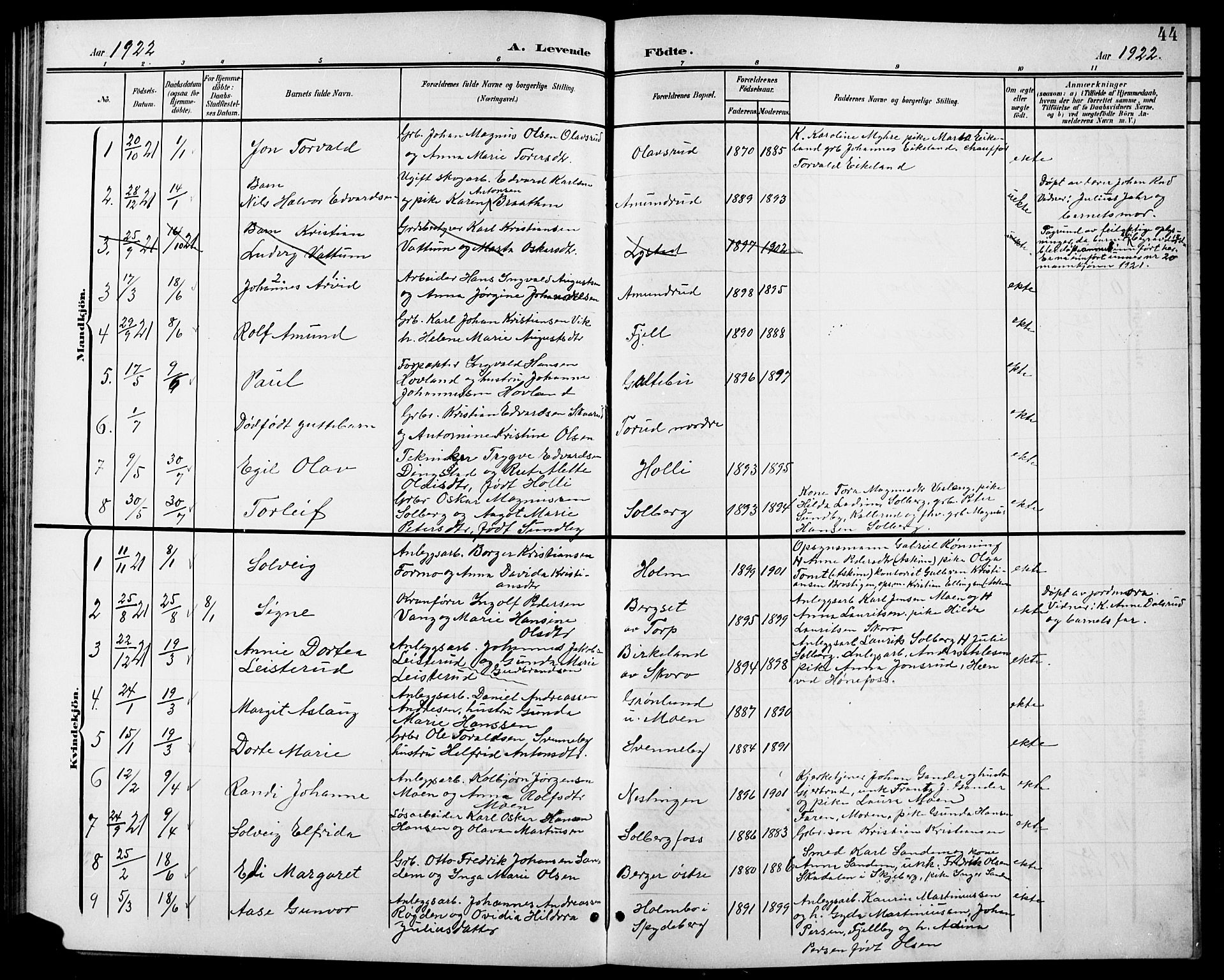 Spydeberg prestekontor Kirkebøker, SAO/A-10924/G/Gb/L0001: Parish register (copy) no. II 1, 1901-1924, p. 44