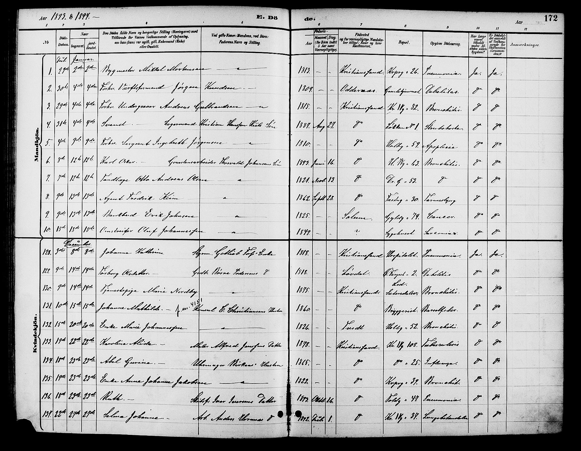 Kristiansand domprosti, SAK/1112-0006/F/Fb/L0017: Parish register (copy) no. B 17, 1893-1906, p. 172